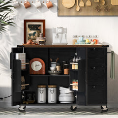 K&K 54.5" Kitchen Storage Island  with Internal Storage Rack, Drop Leaf, Spice Rack, Rolling Kitchen Cart on Wheels, Black