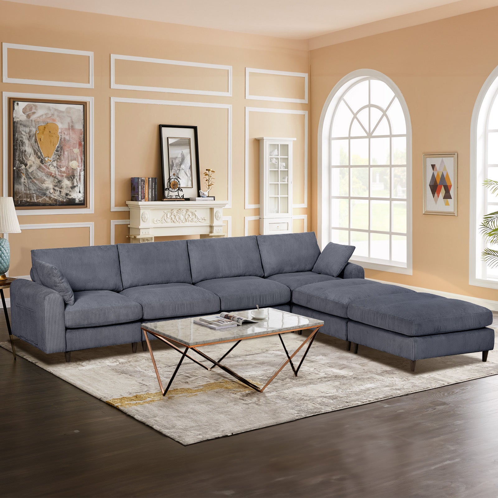 6-Seat Corduroy Modular Sofa, U/L Shape with Footstool – Gray