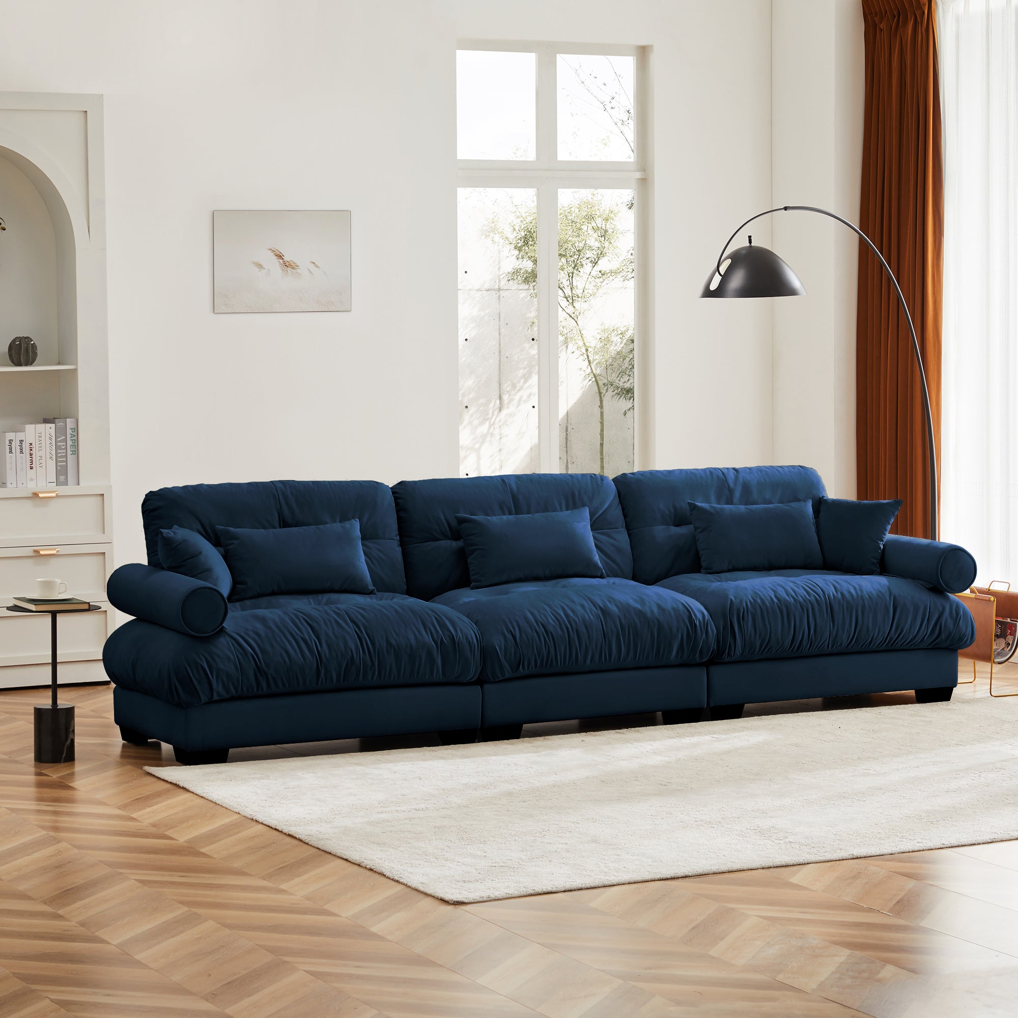 Extra-Large 3-Seater Modern Velvet Sofa, Oversized Cloud-Like Comfort with Waist and Throw Pillows, Blue