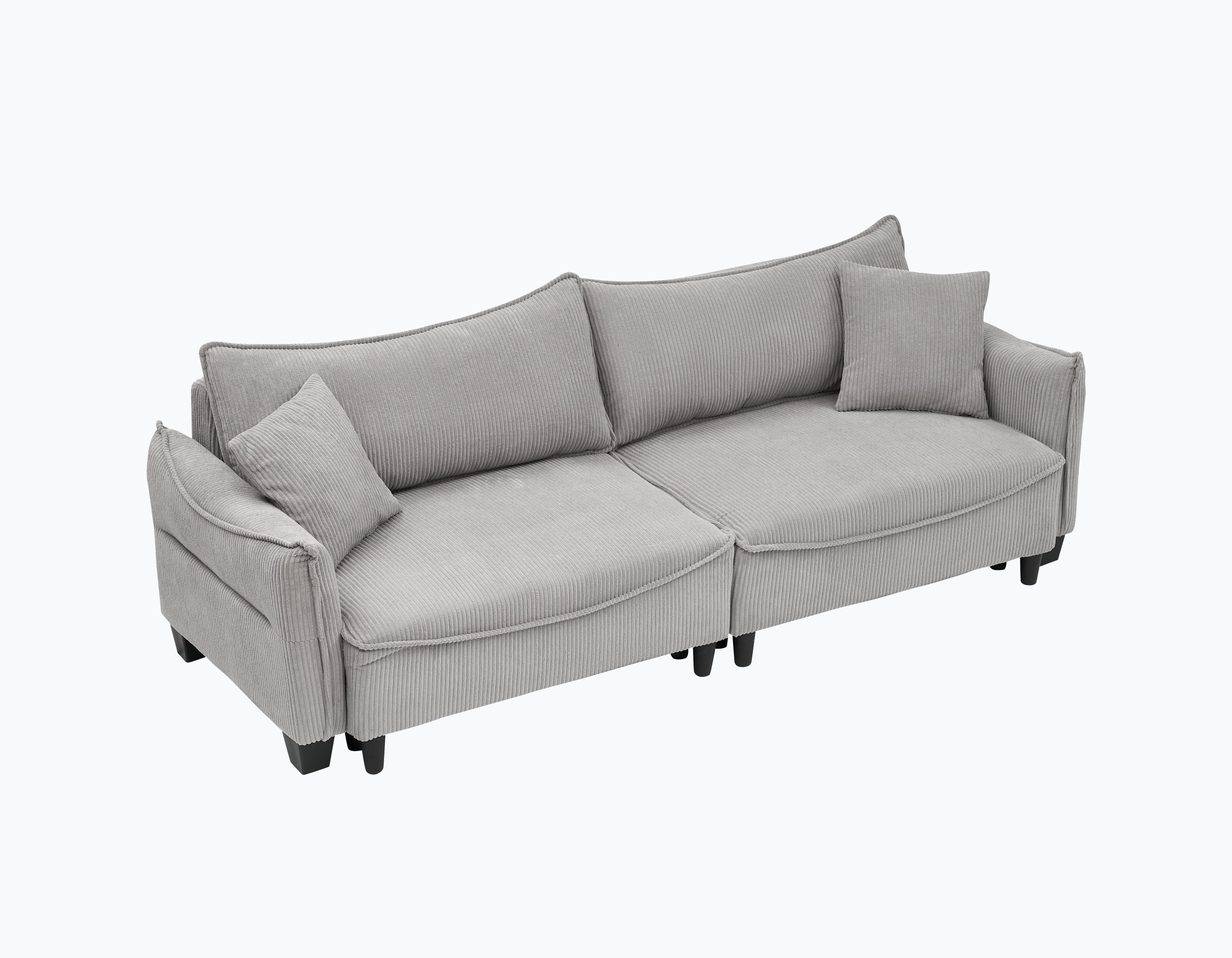 87.8" Gray Corduroy Sofa Bed with Two Pillows - Ideal 3-Seater Design for Living Room