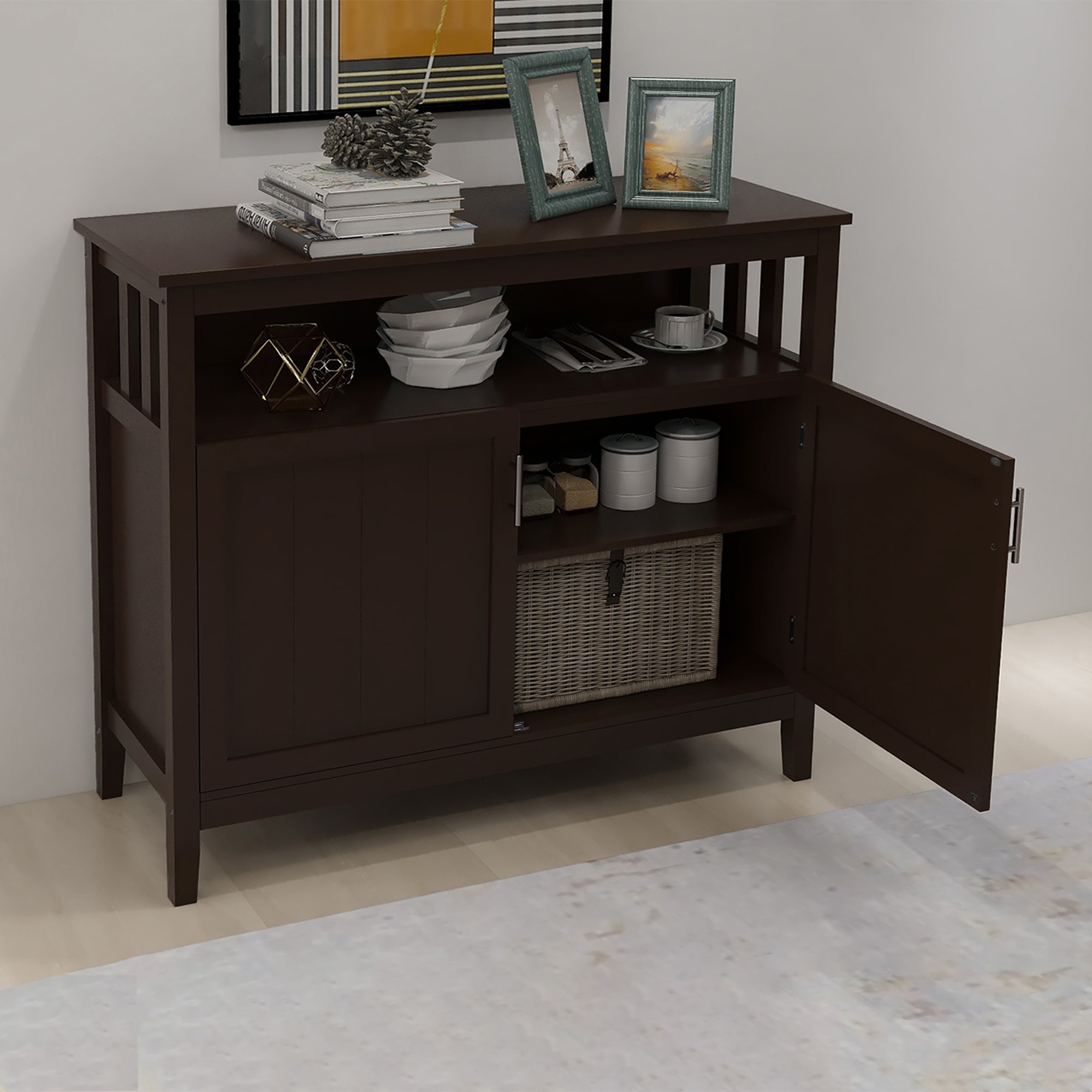 40" Brown MDF Sideboard with Doors for Storage - Ideal Buffet Design for Dining Room