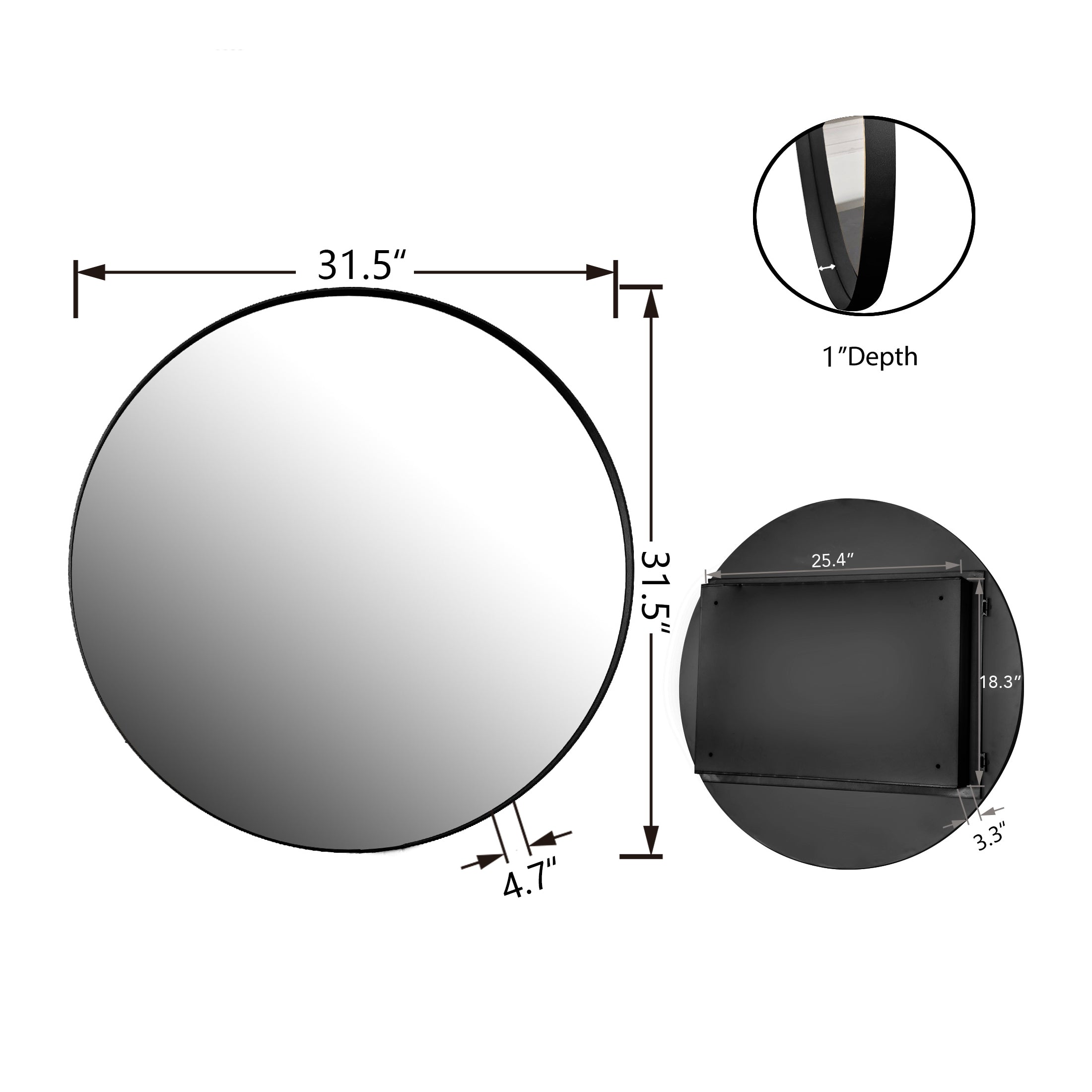 31.5 Inch Surface Mount Round Metal Framed Medicine Cabinet with Mirror and Adjustable Shelves Black Wall Mirror with Storage for Bathroom, Matte Black