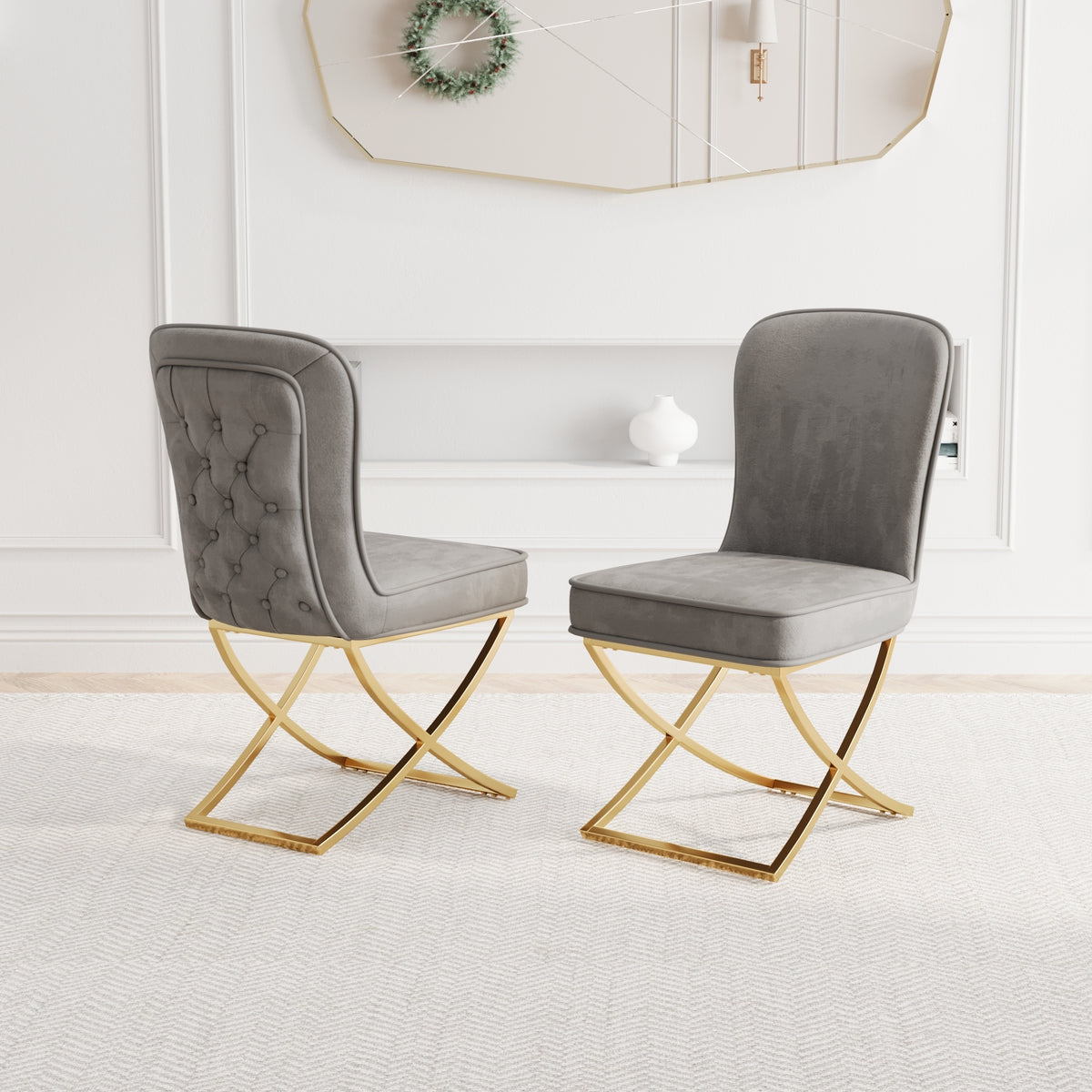 Dining Chair Set of 2, grey velvet Backrest and golden Metal legs.For Modern Kitchen Dining Room Chair for Kitchen Living Modern decorative Leisure chairs Office chairs