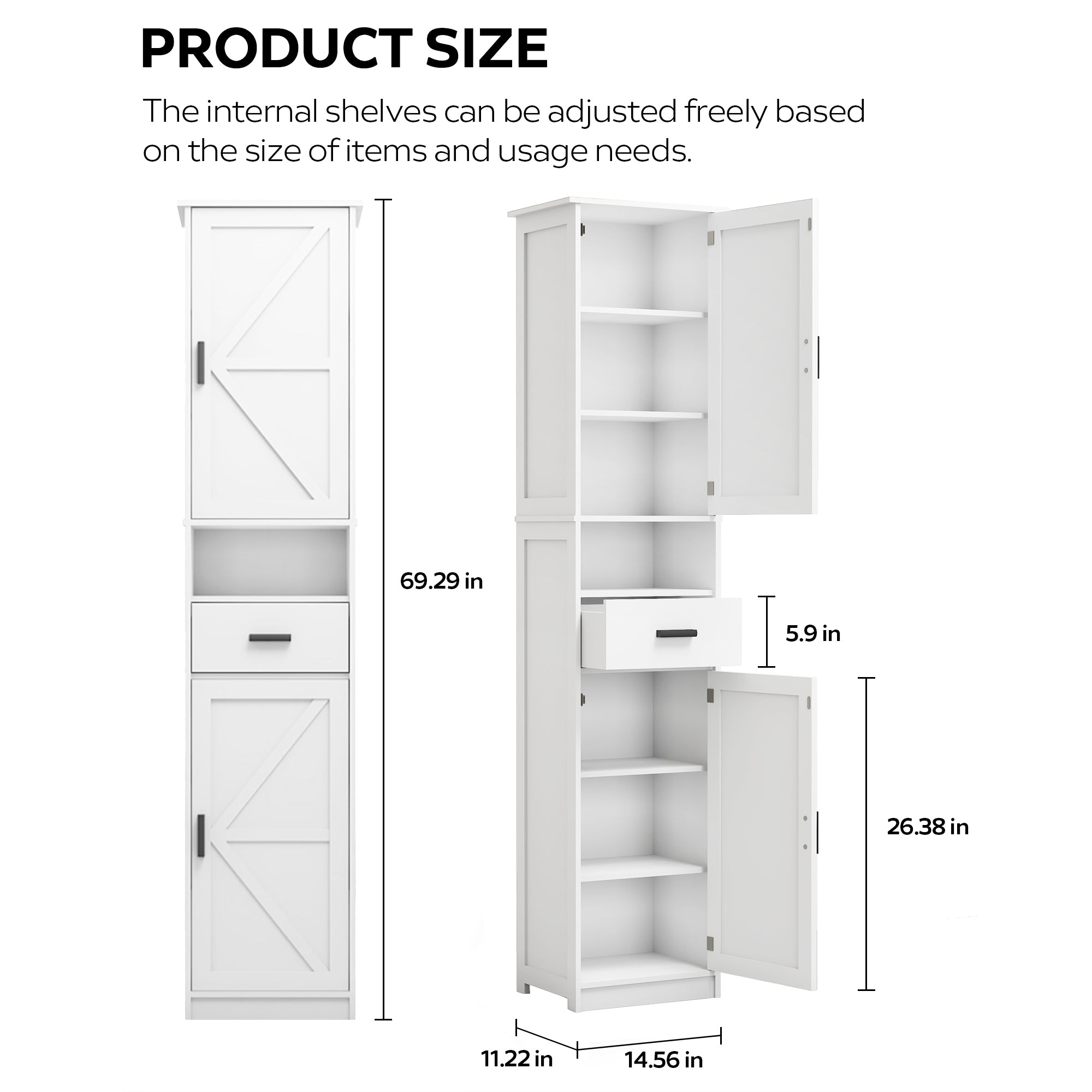 69" H Tall Bathroom Storage Cabinet with 2 Barn Doors and 1 Drawer, Narrow Storage Unit, Adjustable Shelves,Floor Cabinet for Bathroom, Living Room, Entryway,Kitchen,(White)