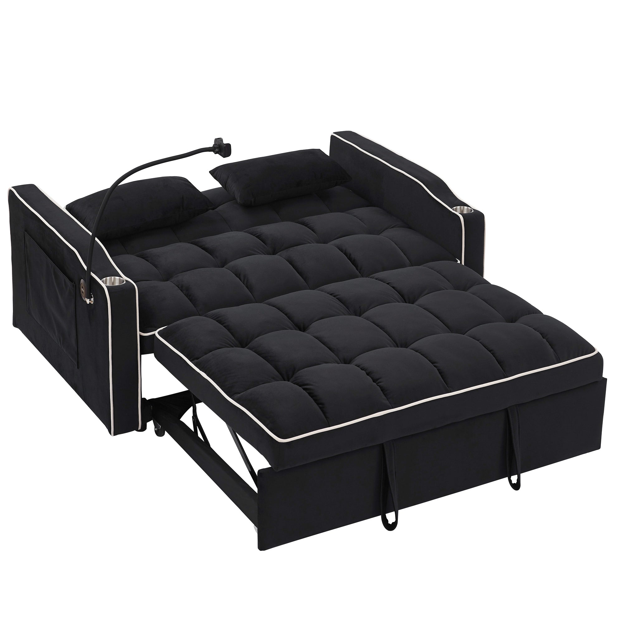 55.51" Foldable Velvet Sofa Bed with Adjustable Back, Pull-Out Design with USB Port, Ashtray, and Swivel Phone Stand, Black