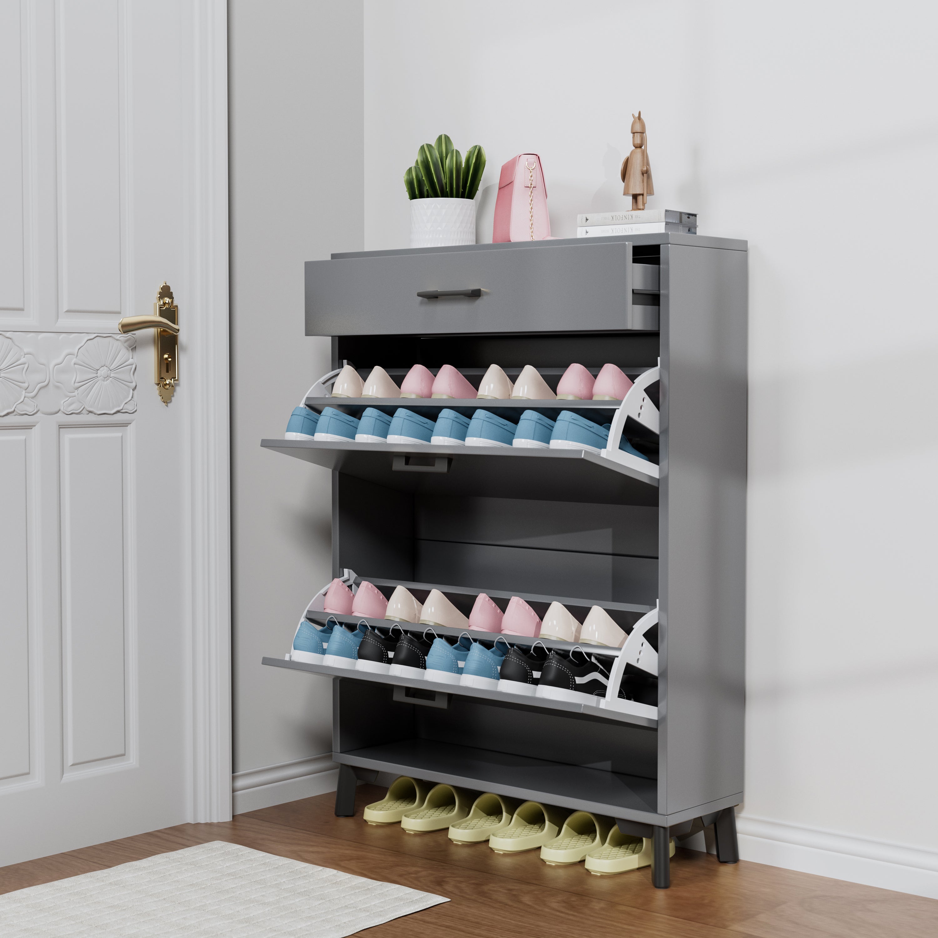 Freestanding Shoe Storage Cabinet with 2 Flip Drawers, Hidden Shoe Organizer for Entryway, Hallway, and Closet, Gray