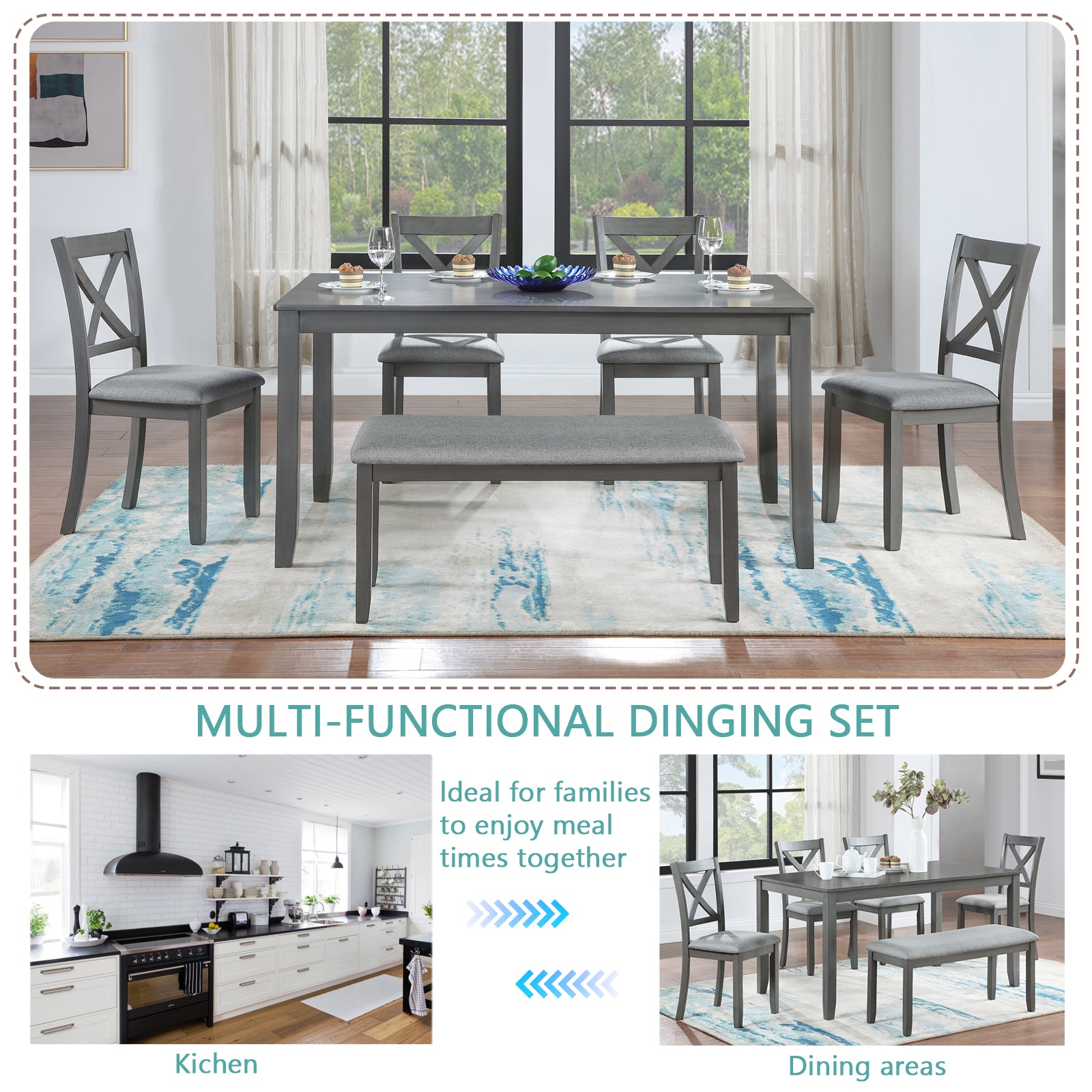 6 Piece Kitchen Dining Set, Rectangular Wooden Dining Table with 4 Upholstered Chairs and a Bench, Dining Table Set for 6 People, Living Room, Home Bar and Kitchen, Gray