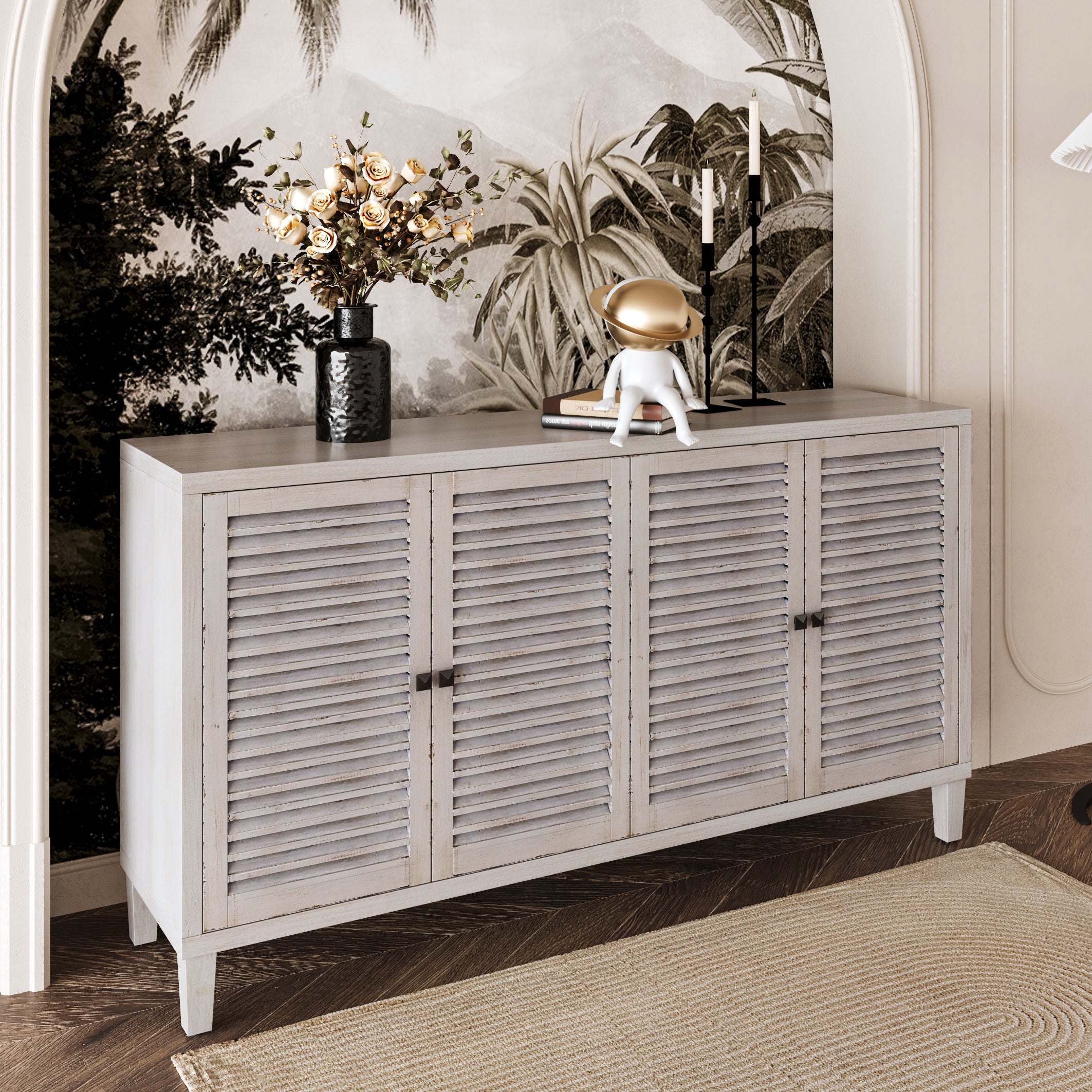 Accent Cabinet 4 Shutter Door Wooden Cabinet Sideboard Buffet Server Cabinet Storage Cabinet, for Living Room, Entryway, Hallway, Office, Kitchen and Dining Room, Distressed White