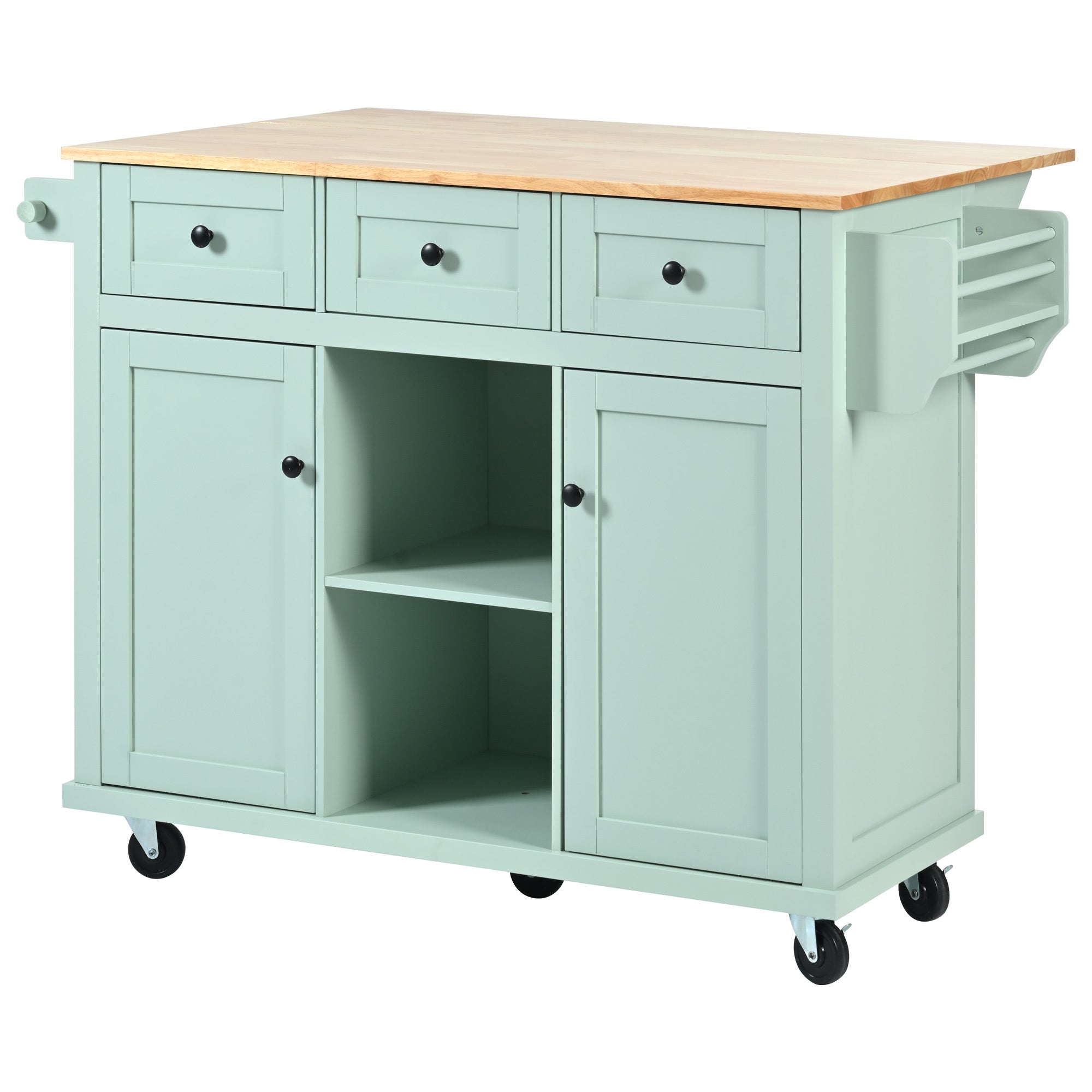 Kitchen Cart with Rubber wood Drop-Leaf Countertop for Dinning Room, Mint Green