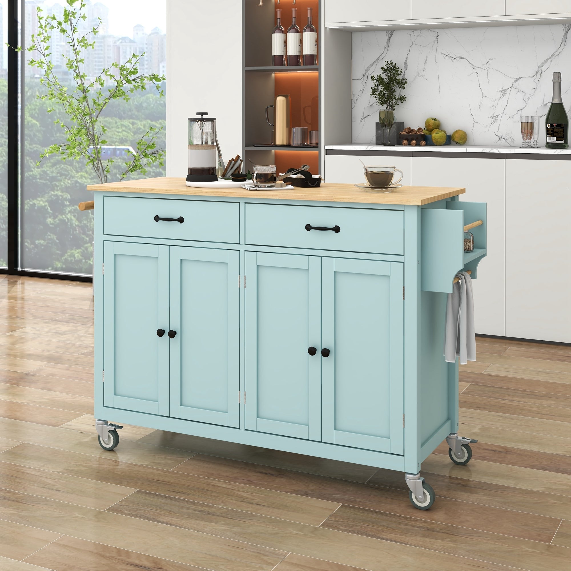 Kitchen Island Cart with 4 Door Cabinet and Two Drawers and 2 Locking Wheels - Solid Wood Top, Adjustable Shelves, Spice & Towel Rack Mint Green