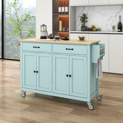 Kitchen Island Cart with 4 Door Cabinet and Two Drawers and 2 Locking Wheels - Solid Wood Top, Adjustable Shelves, Spice & Towel Rack Mint Green