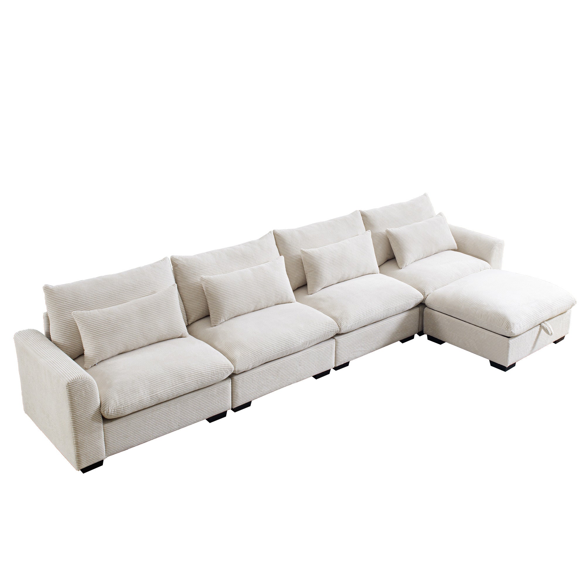 Large L Shape Sectional Corduroy Sofa,Deep Seat Couch with Storage Footstool and 4 Waist Pillows,Beige