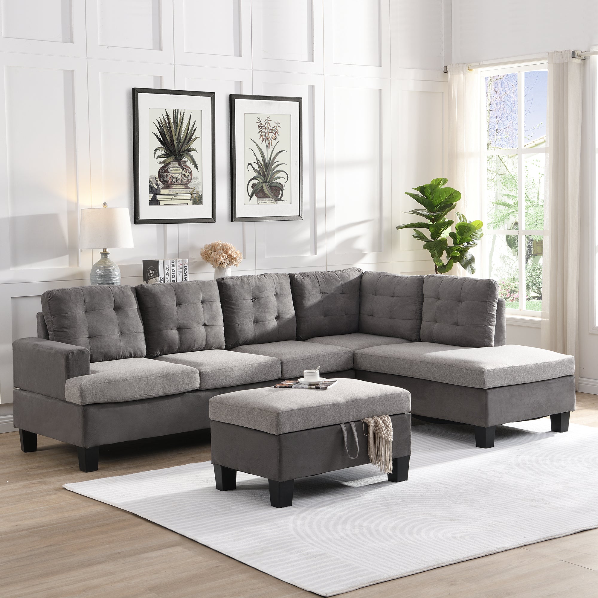 Sofa Set for Living Room with Chaise Lounge and Storage Ottoman Living Room Furniture Gray