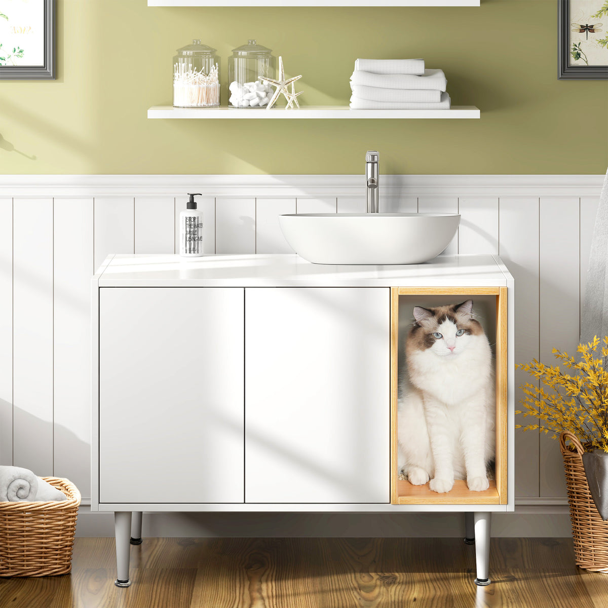 bathroom sink cabinet with Cat Litter Box enclosure, Hidden Litter Pet Washroom with Divider, Indoor Cat House for Large Cats, Wooden Cabinet Furniture, White