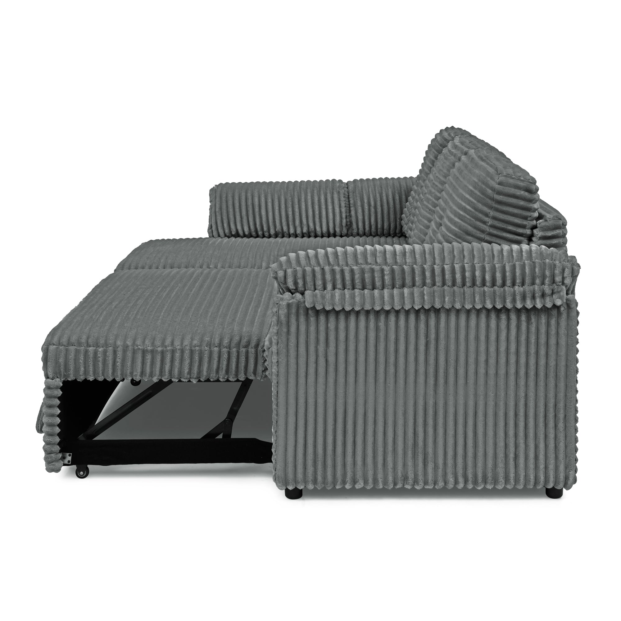 Corduroy Tufted Upholstered Sleeper Sectional Sofa, L-Shaped Modular Convertible Sofa with Storage Chaise, Pull Out Sleep Couch Bed and Reclining Backrest Perfect for Living Space,Grey