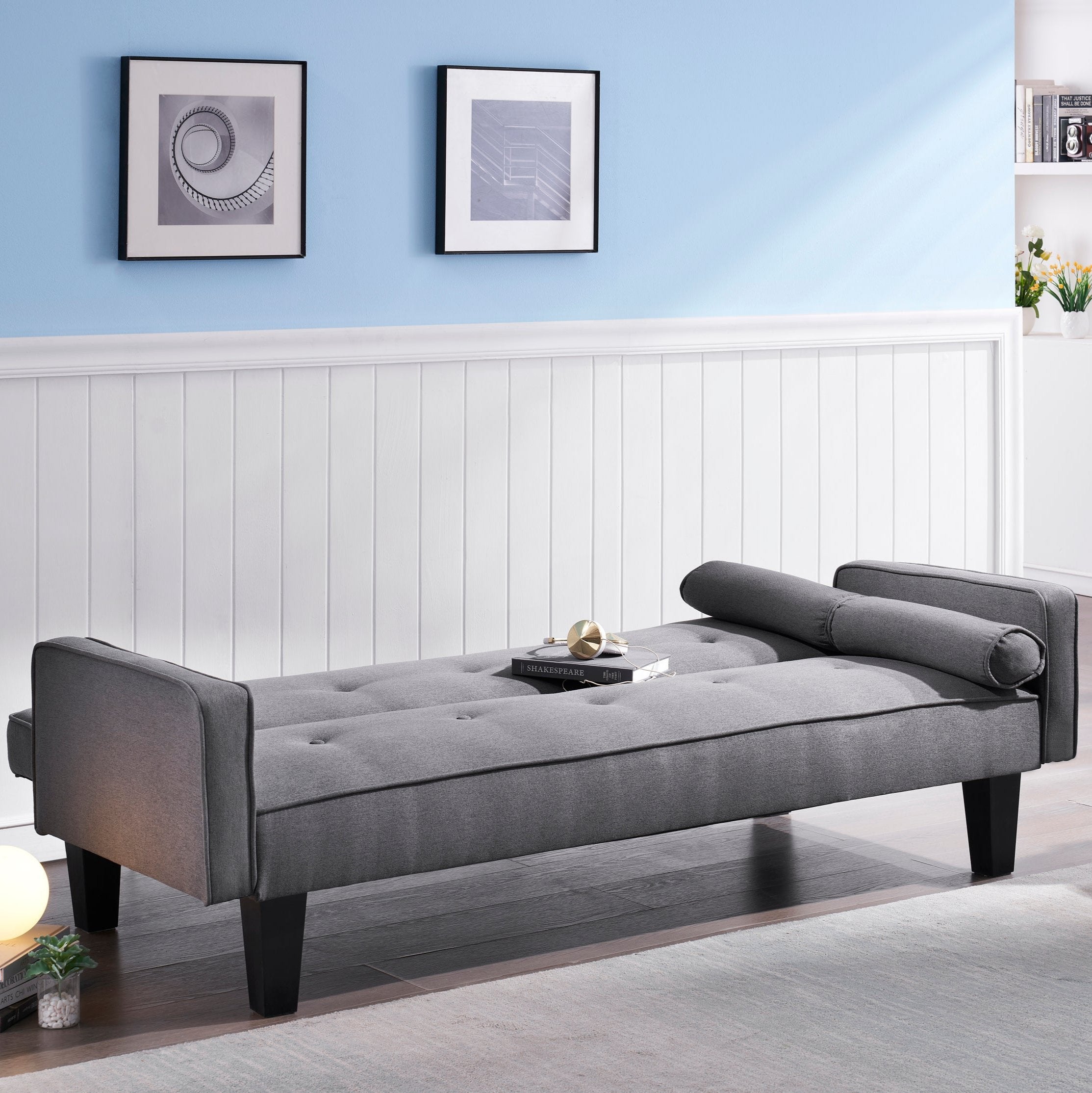 72" Dark Gray Cotton Linen Sofa Bed with Two Pillows Suitable for Living Room