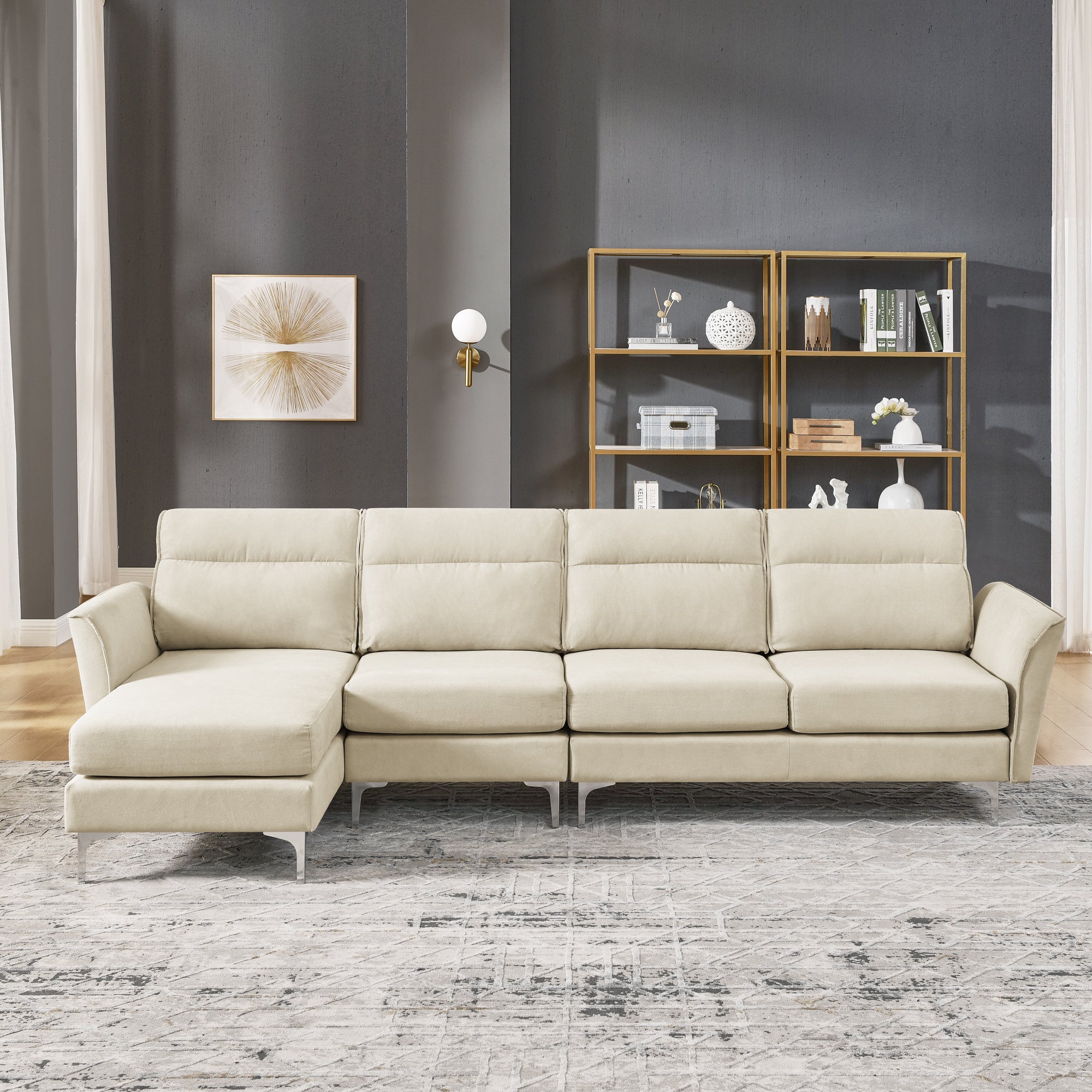 Modern Sofa 3-Seat Couch with Stainless Steel Trim and Metal Legs for Living Room,New package compression sofa technology,beige