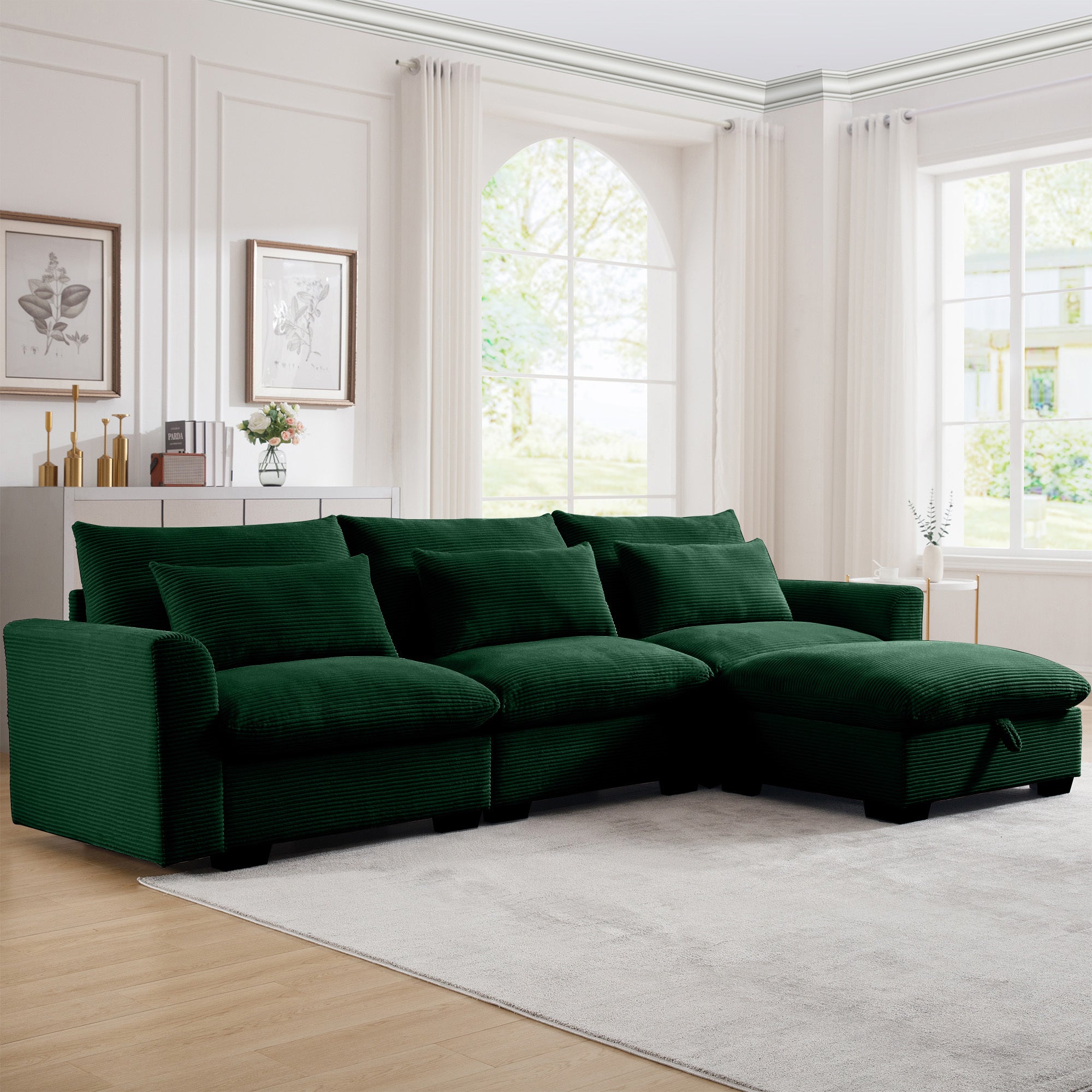 Corduroy Sectional Sofa,  L Shaped Couch with Storage Footstool and 3 Pillow, Sectional Couch for Living Room Apartment, Green