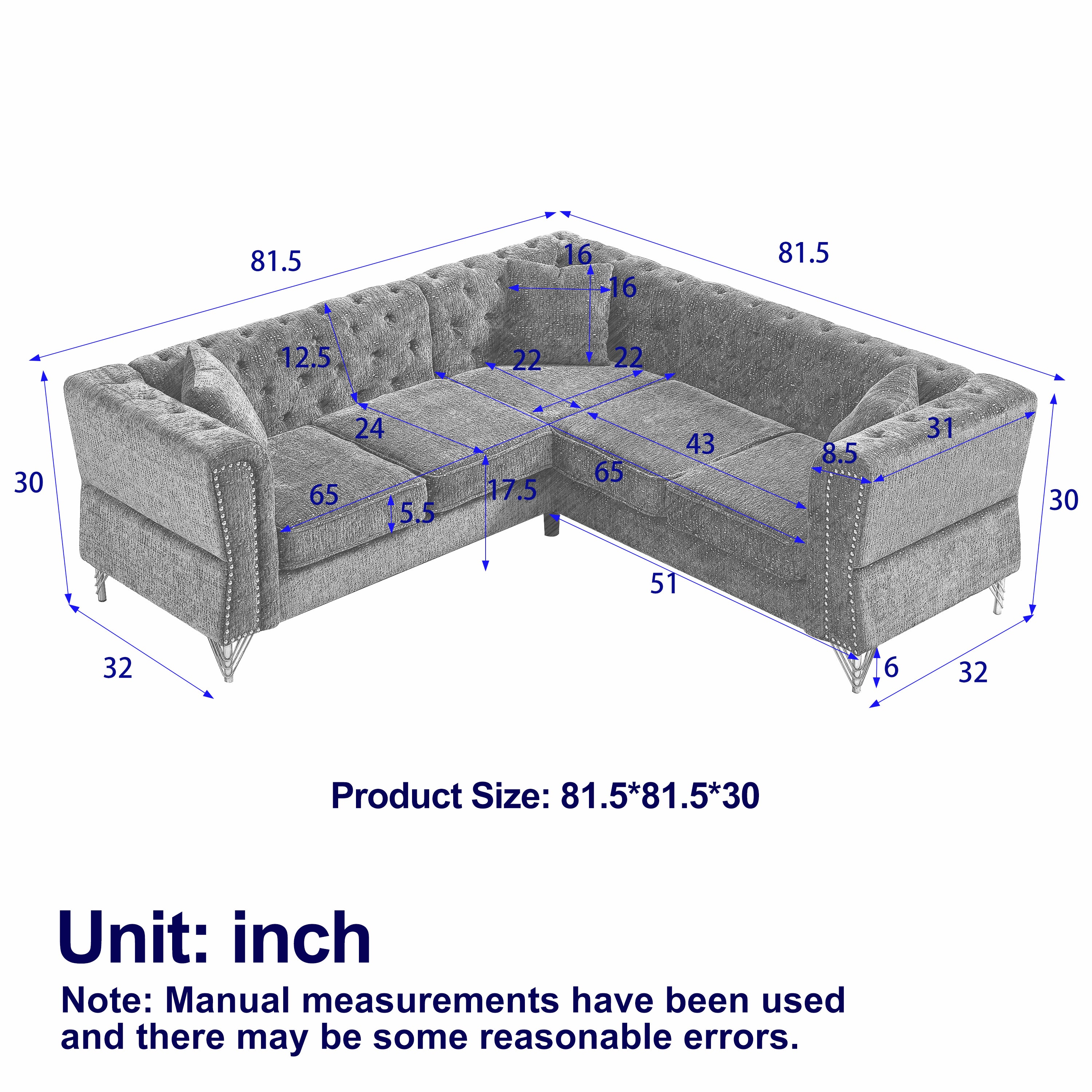 81.5-Inch Chenille Corner Sofa , L-Shaped Sectional Couch, 5-Seater Corner Sofas with 3 Cushions for Living Room, Bedroom, Apartment, Office