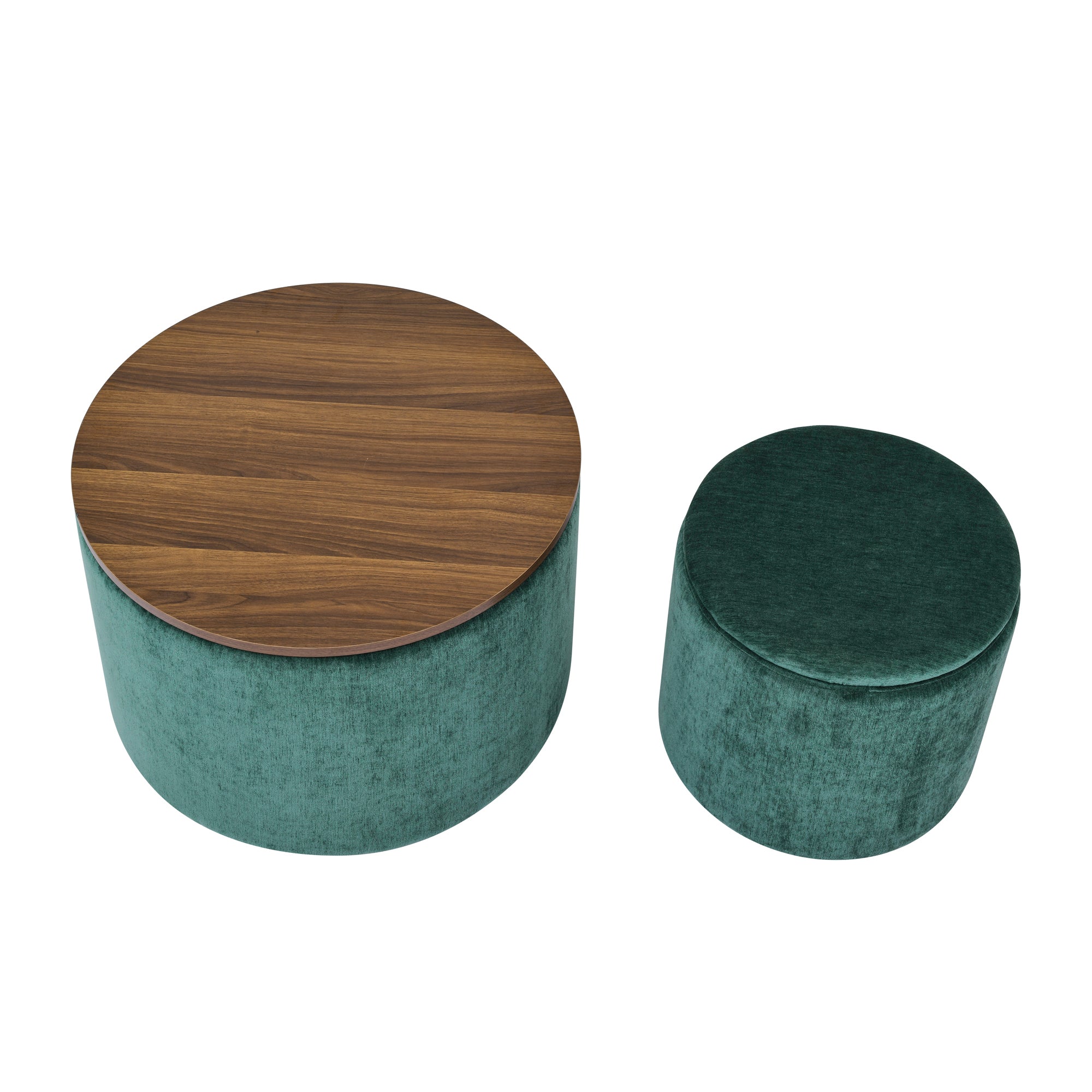 2-Piece Set Round Chenille Storage Ottoman, Equipped with a Drum Shaped Small Stool, Storage Space, and MDF Made Desktop Panel (Dark Green23.62"x23.62"x16.53")