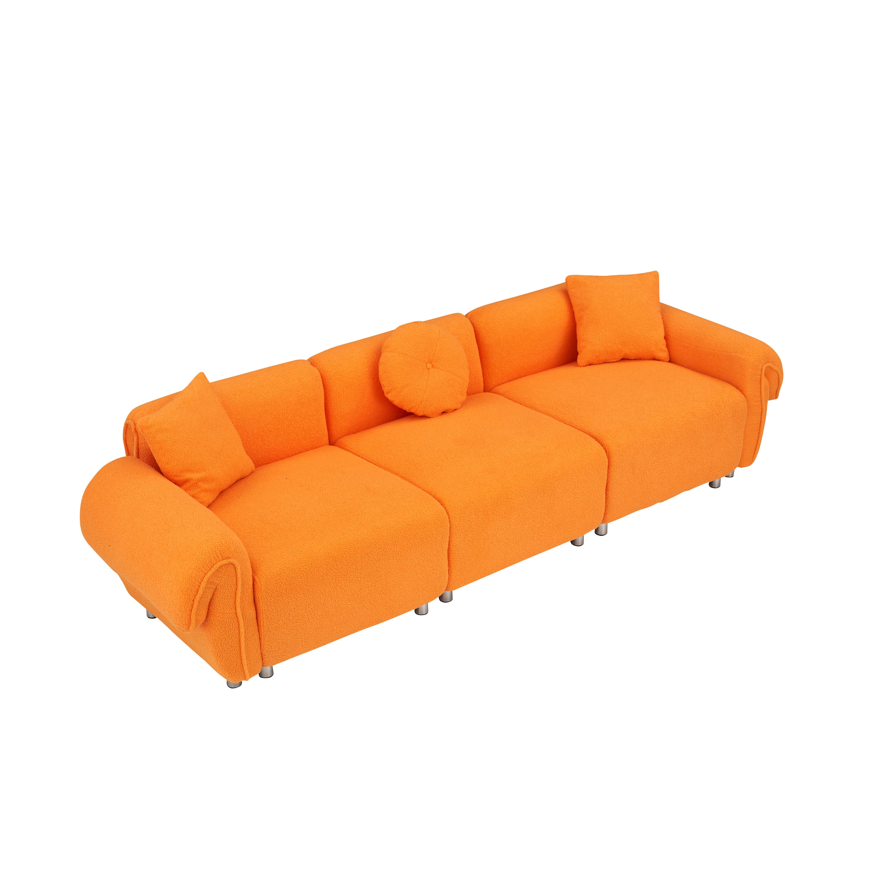 112 inch orange teddy velvet fabric, with 3 pillows, three sofa can be placed in the living room and other scenes Orange teddy velvet fabric, with 3 pillows, three sofa can be placed in the living roo