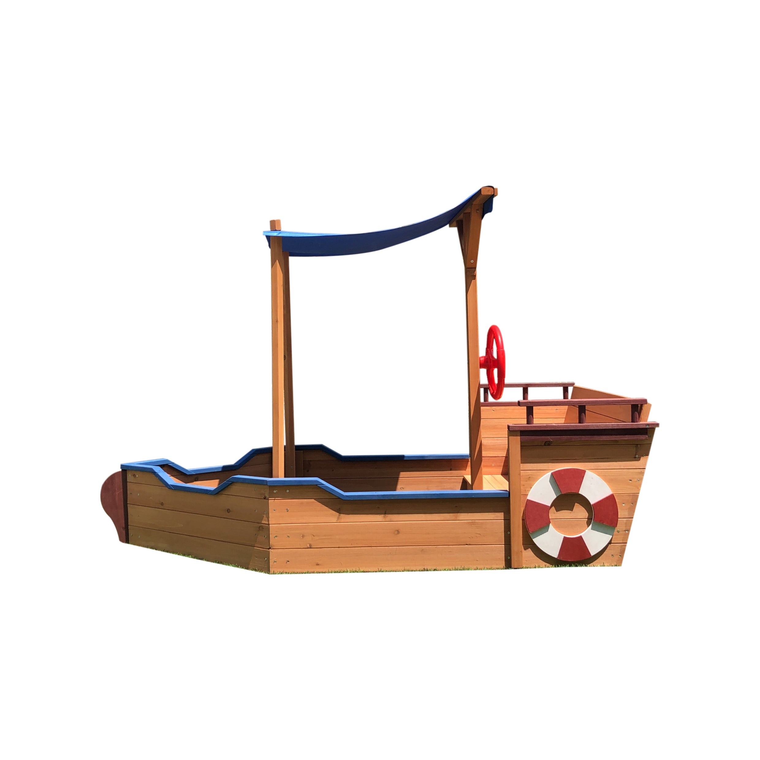 Wooden Pirate Ship Sandbox with Cover & Storage Bench for Kids