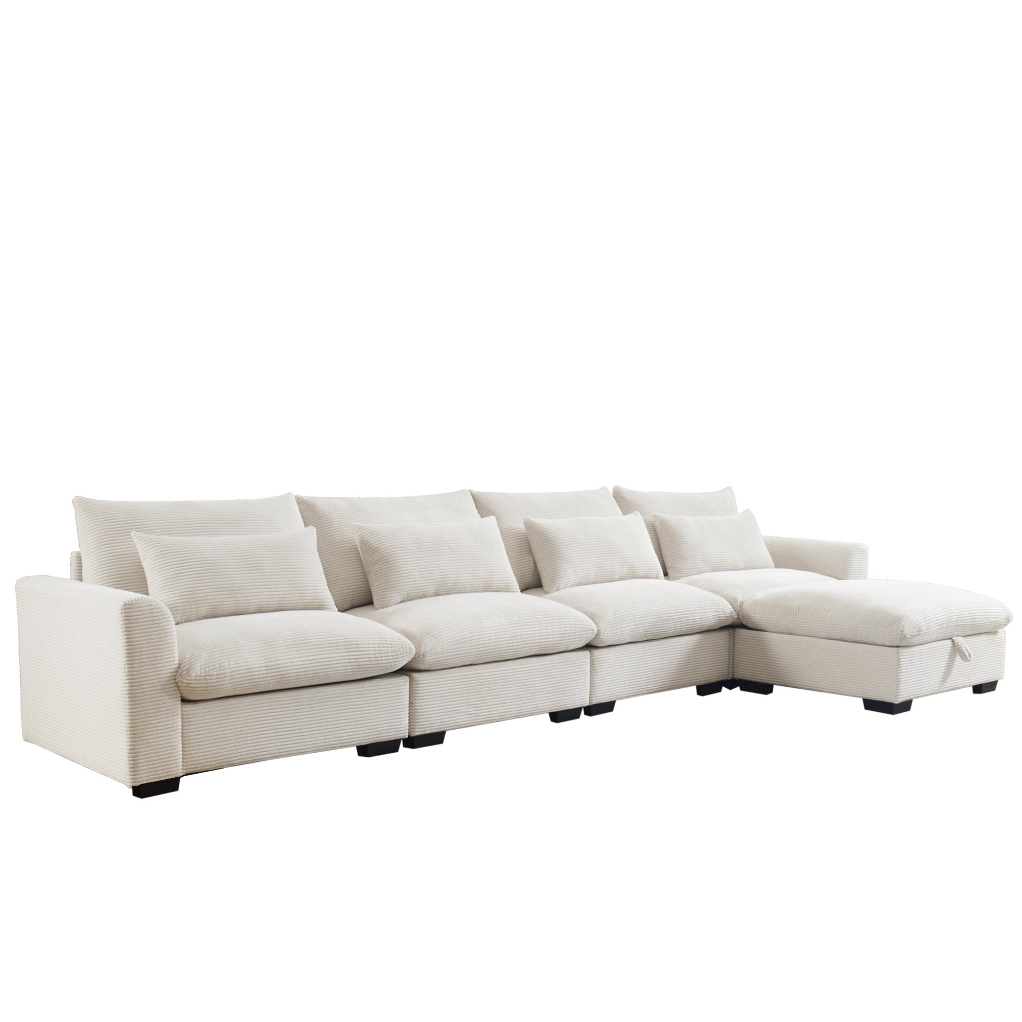 Large L Shape Sectional Corduroy Sofa,Deep Seat Couch with Storage Footstool and 4 Waist Pillows,Beige