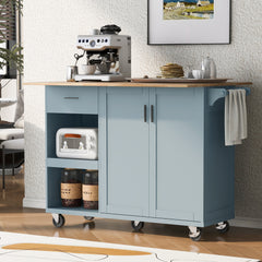 K&K Kitchen Island with Foldable Counter Top for Kitchen, Living Room, Dining Room, Grey Blue