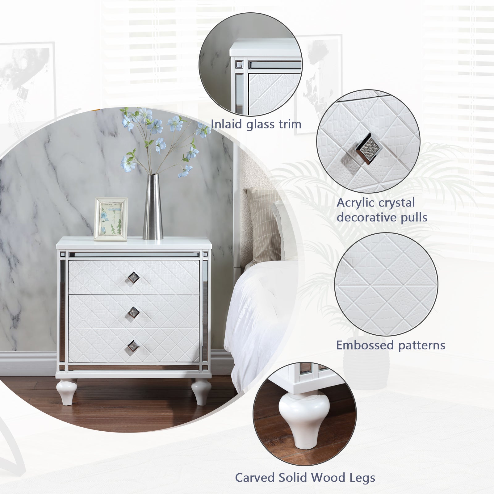 Contemporary Nightstands with mirror frame accents, Bedside Table with two drawers and one hidden drawer, End Table with Crystal Pull for Living Room,Bedroom, White