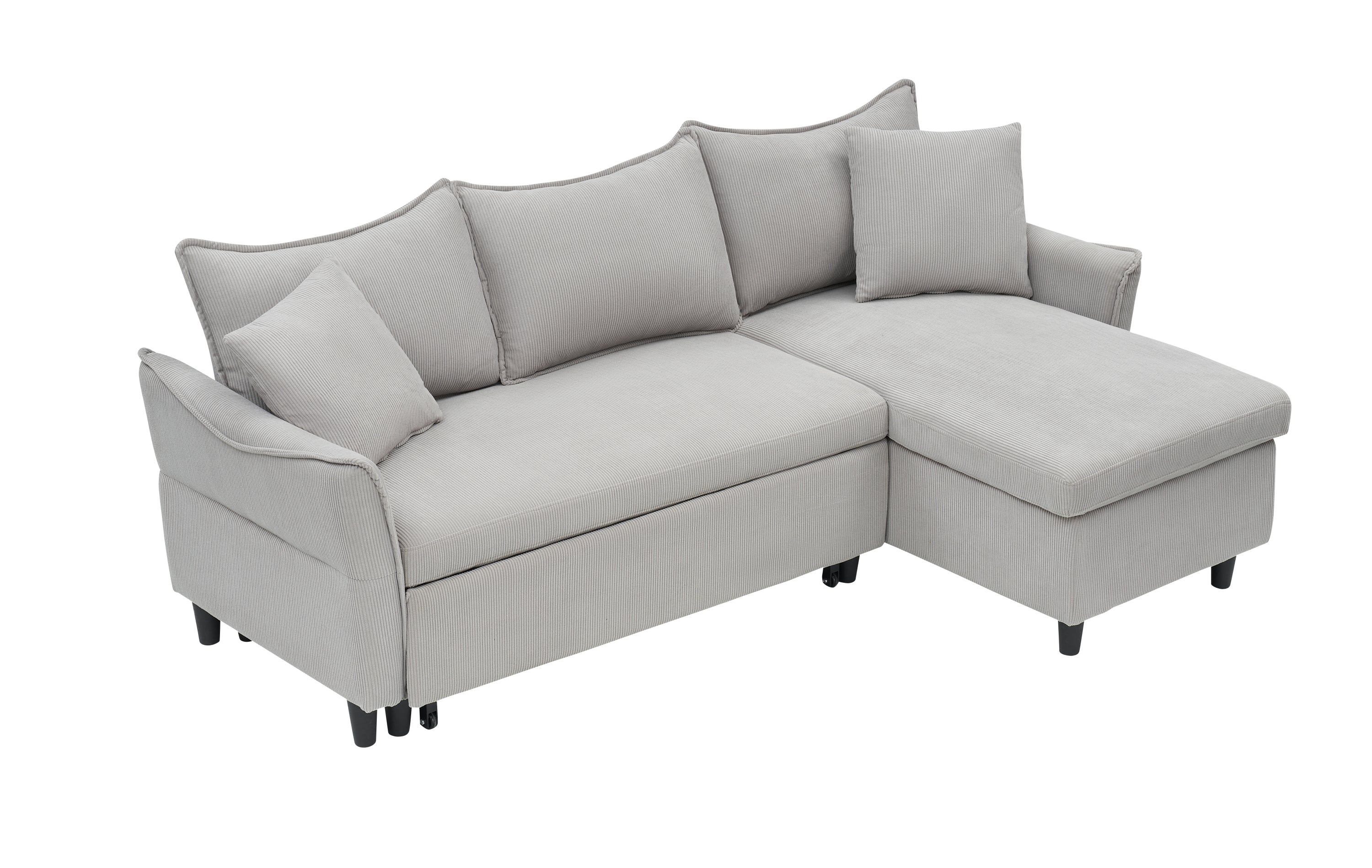 Modern 80" Gray Corduroy Sofa Bed With Two Small Pillows - 3-Seater Pull-Out Sofa With Storage