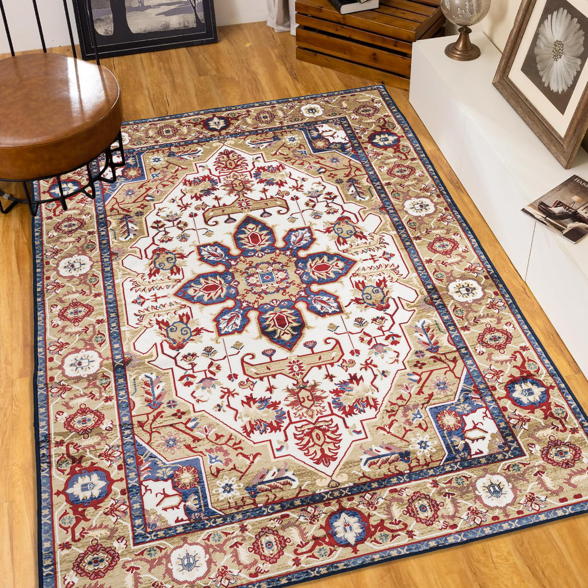 6x9 Vintage Persian Area Rug Washable Non-Slip Boho Floral Carpet for Living Room Bedroom Dining Room, Blue Gold