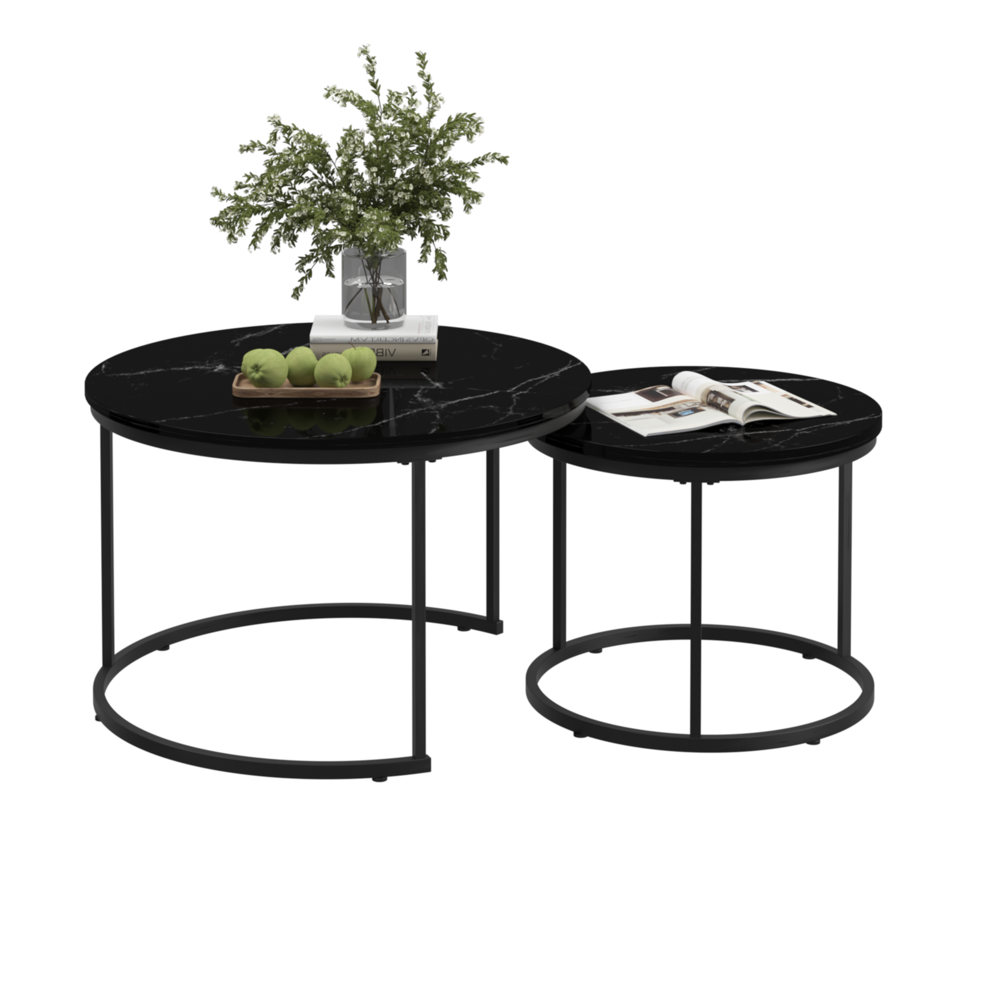 Nesting Coffee Table Set of 2, 27.6inch Round Coffee Table Wood Marble Pattern Top with Sturdy Metal Frame, End Table Side Tables for Living Room Bedroom Balcony Yard (Black)