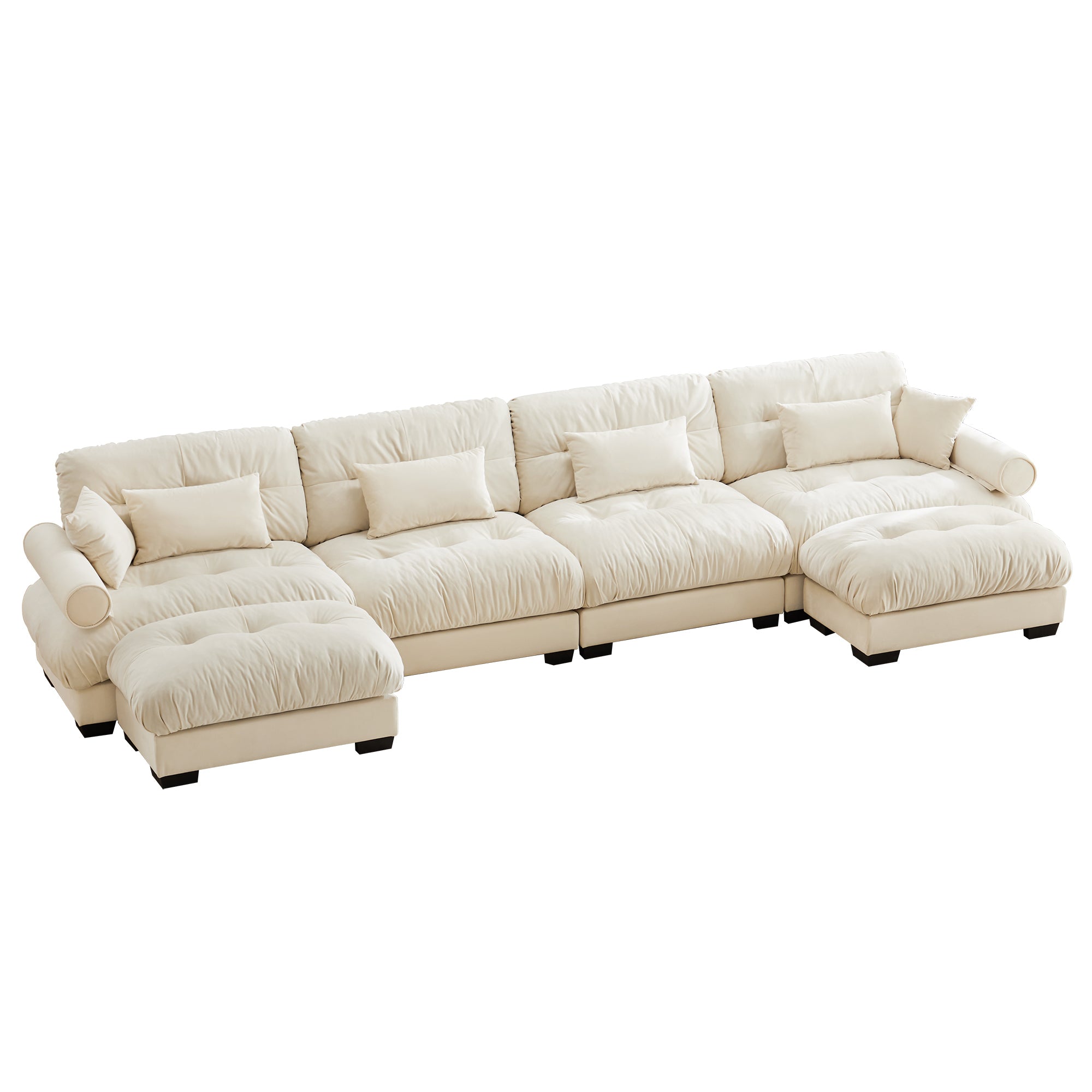 U-Shaped Velvet Sectional Cloud Couch with Movable Ottomans, Deep 4-Seater with Bolstered Armrests and Pillows, Cream