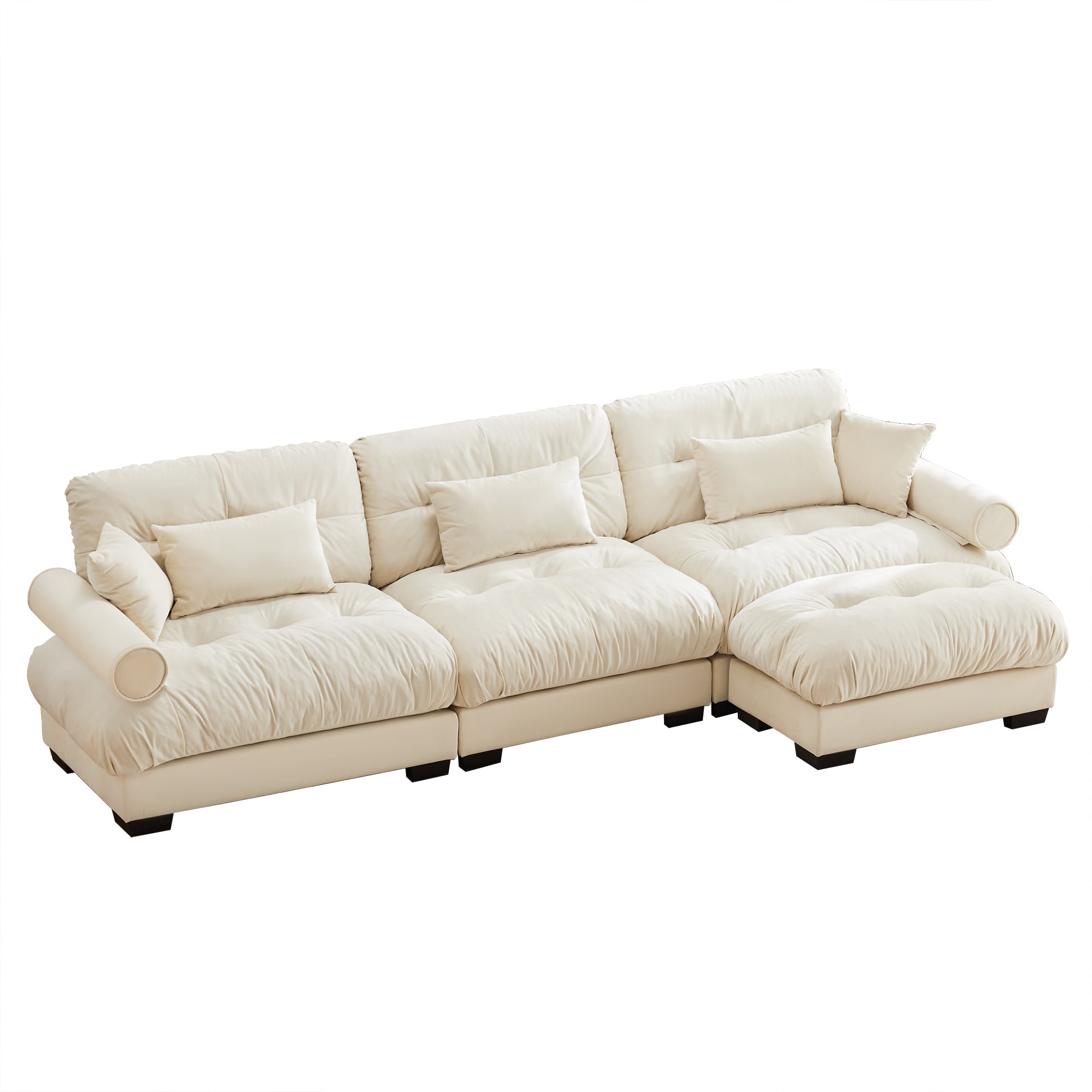 Oversized Modular Velvet Sectional Sofa with Ottoman, Deep Seat L-Shaped Cloud Couch for Living Room, Cream