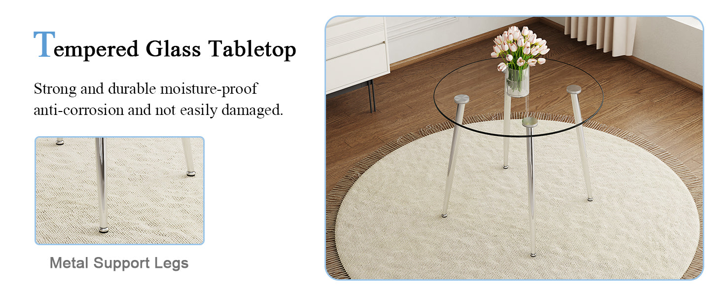 Elegant Round Glass Top Dining Table with Silver Metal Legs -  Perfect for Your Dining Room