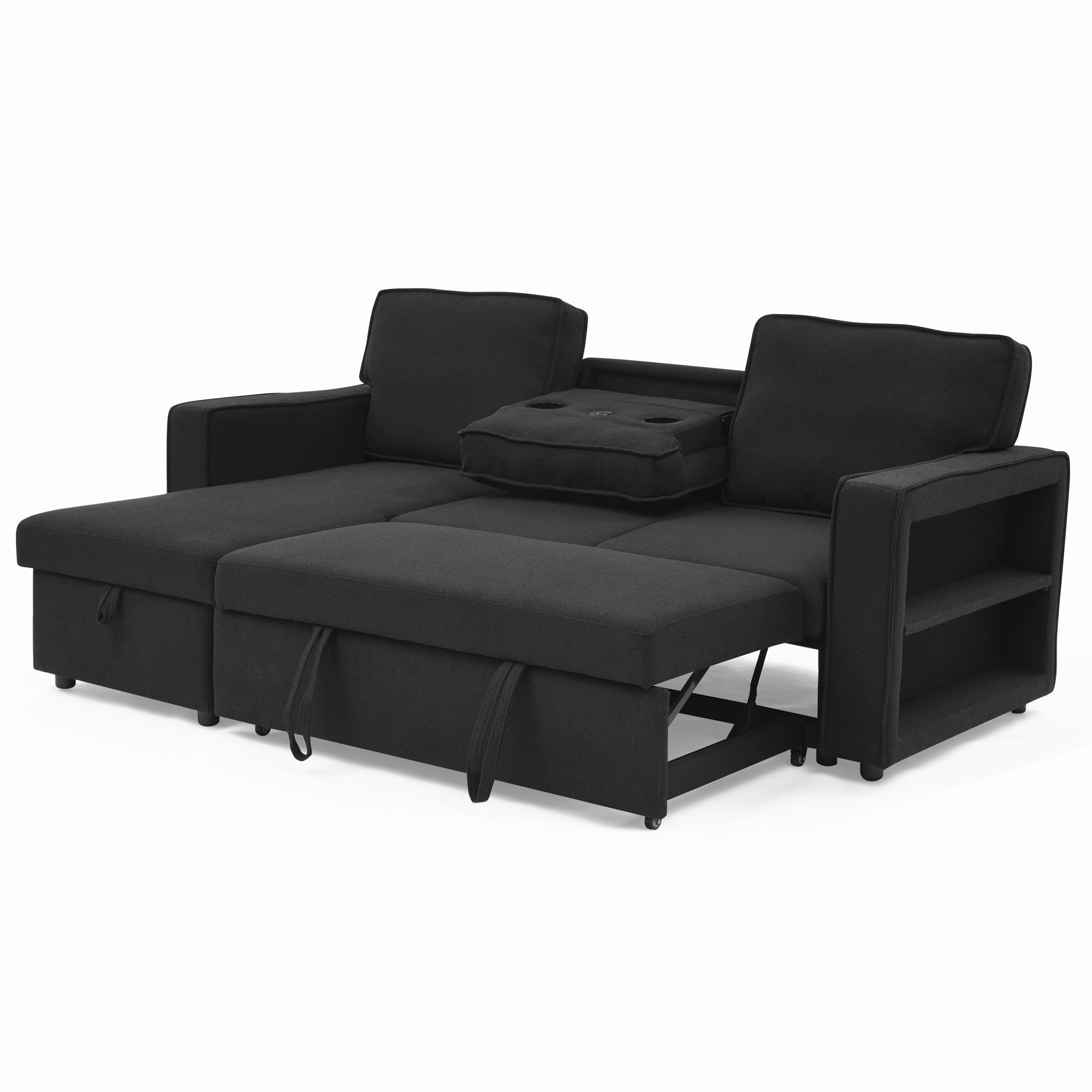 Linen Upholstered Sleeper Sectional Sofa, Shaped Modular Convertible Sofa with Storage Chaise,There are two cup holders in the middle and USB multi-interface function,Pull Out Sleep Couch Bed ,Black