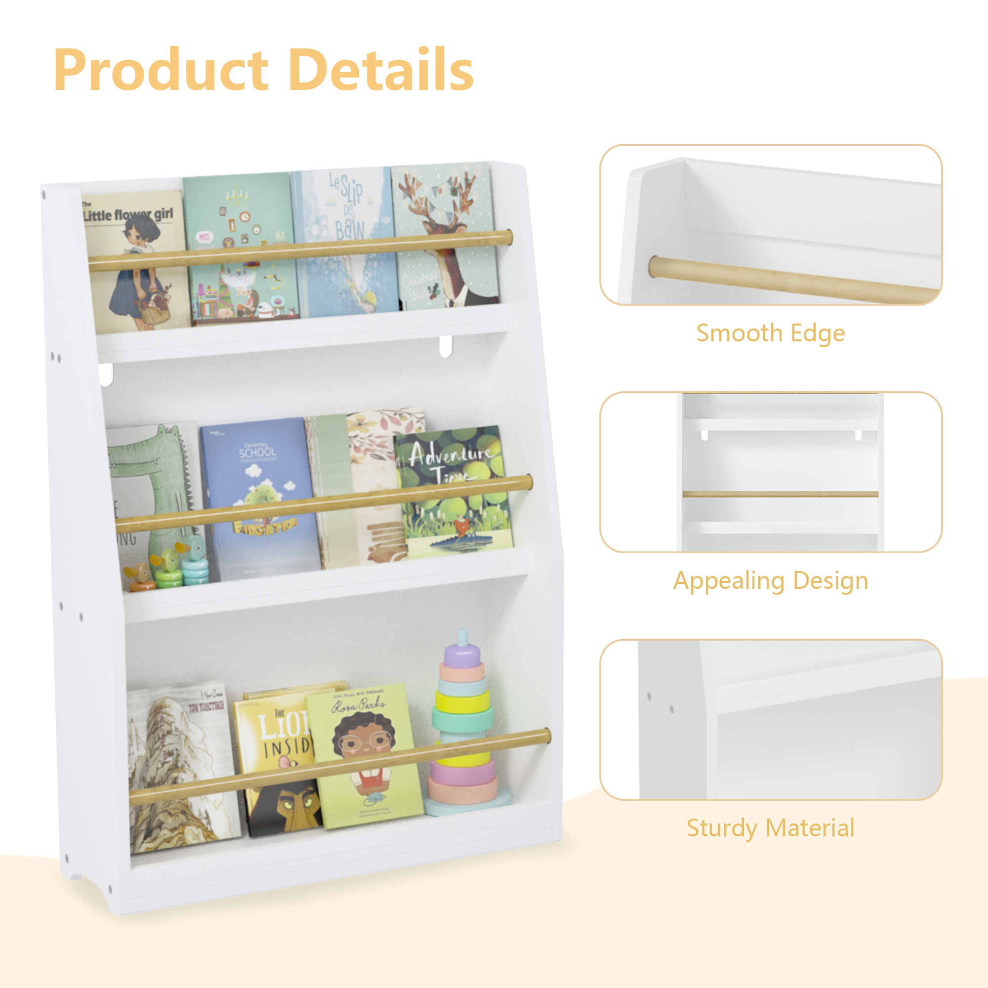 3 Tier Kids Book Shelf,Kids Book Rack, Helps Keep Bedrooms, Playrooms, and Classrooms Organized,White