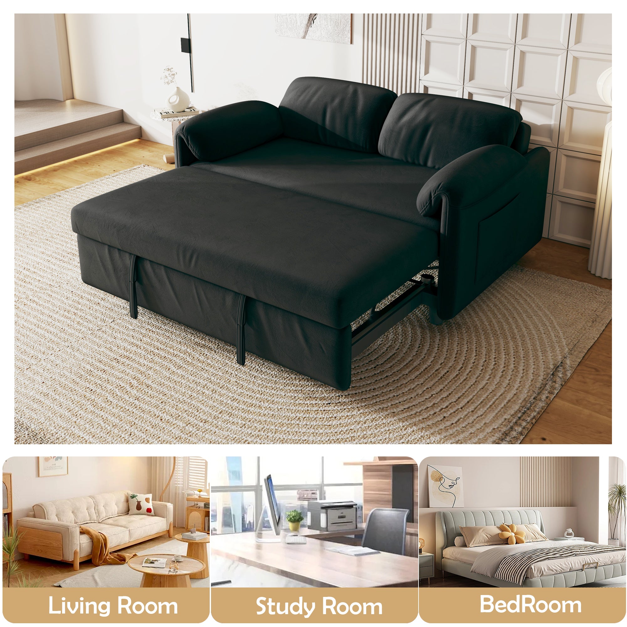 54" Black Velvet Sofa Bed - Modern Pull-Out Sofa for Small Living Room