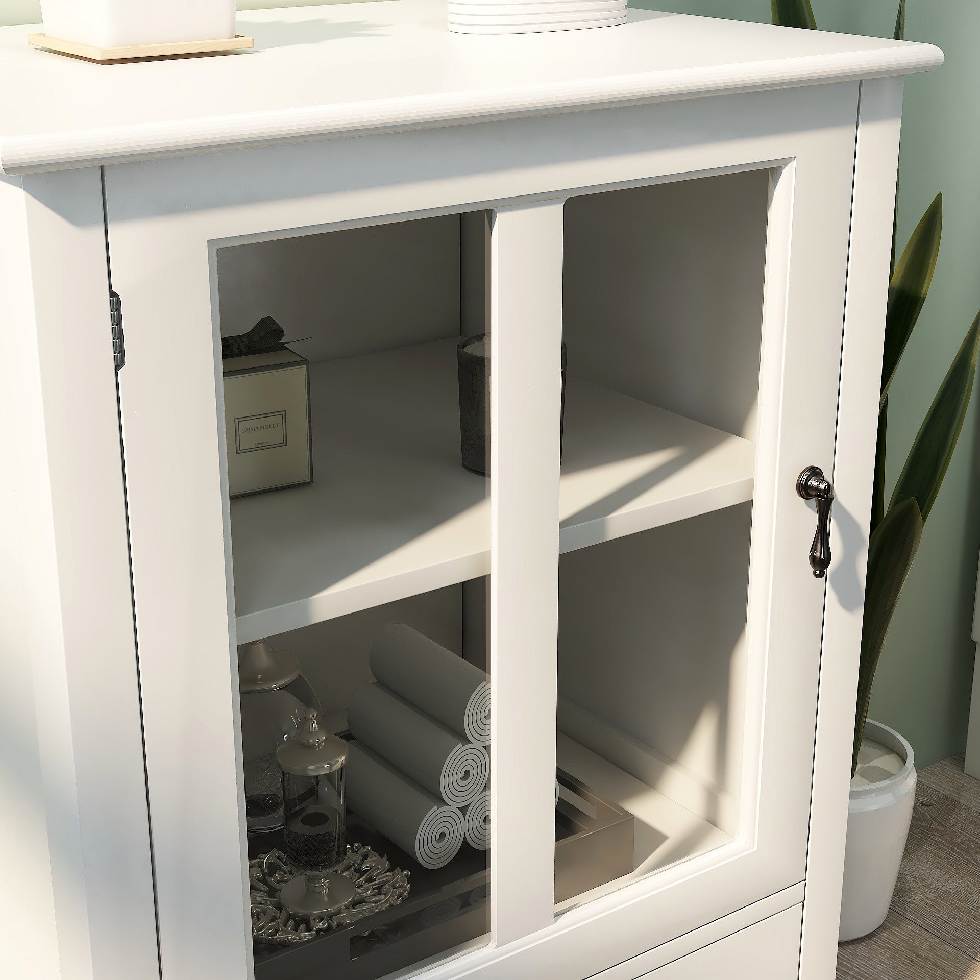 Buffet storage cabinet with single glass doors and unique bell handle