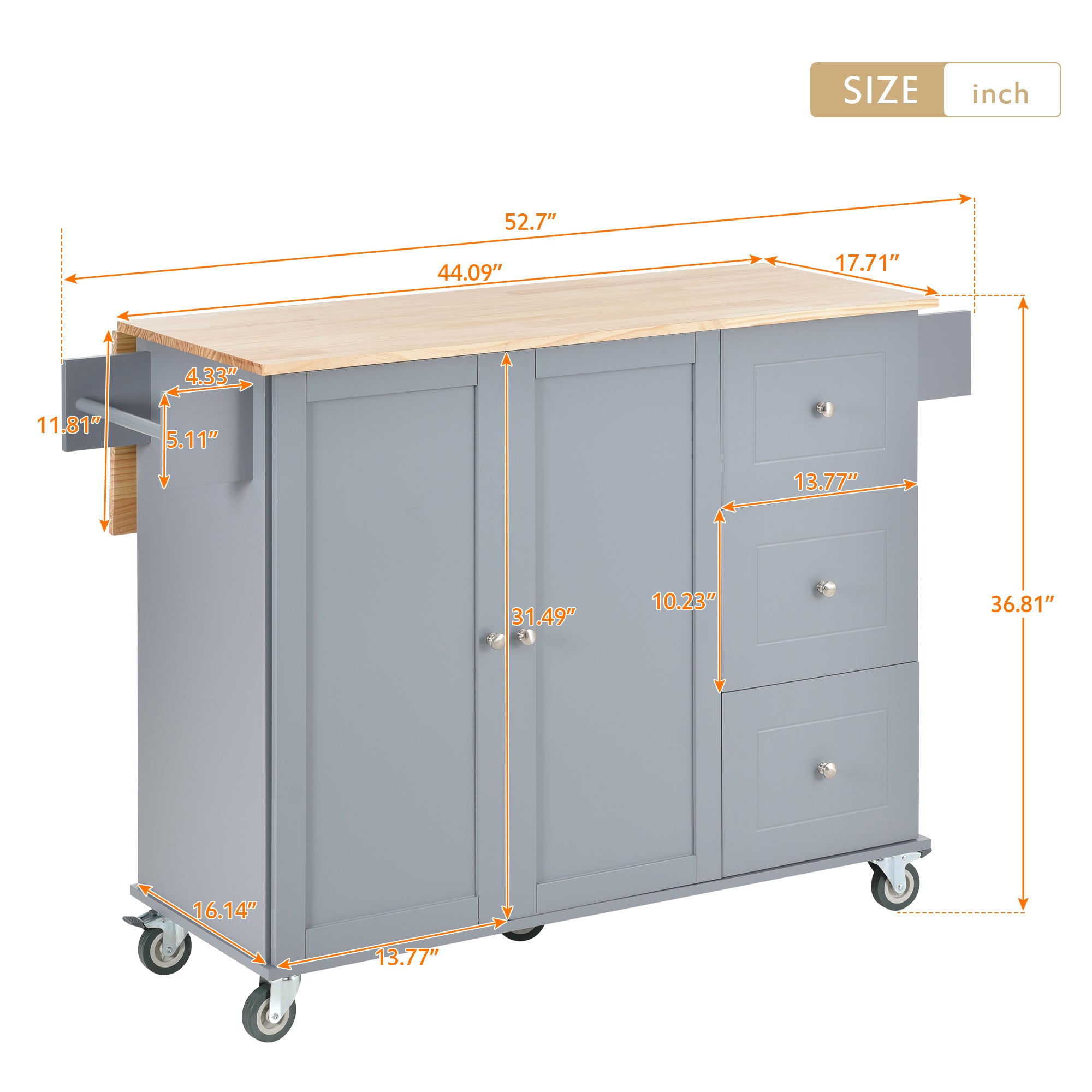 52.7" Rolling Mobile Kitchen Island with Solid Wood Top and Locking Wheels, Grey Blue