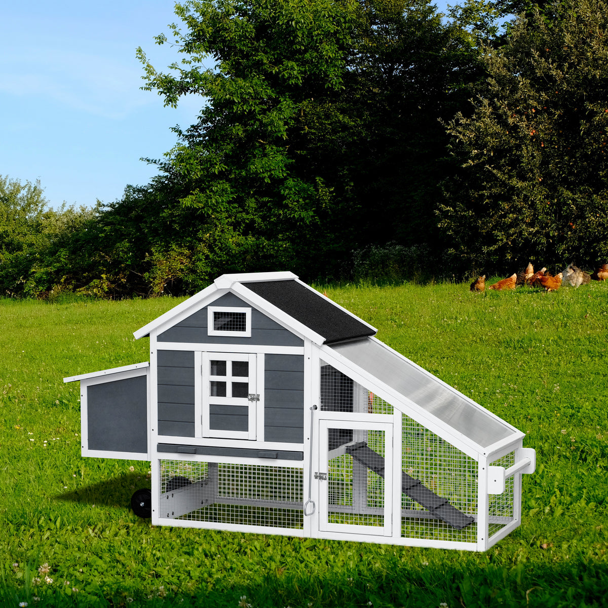 Wooden Chicken Coop with Removable Tray & Wheels, Outdoor Hutch with Running Cage