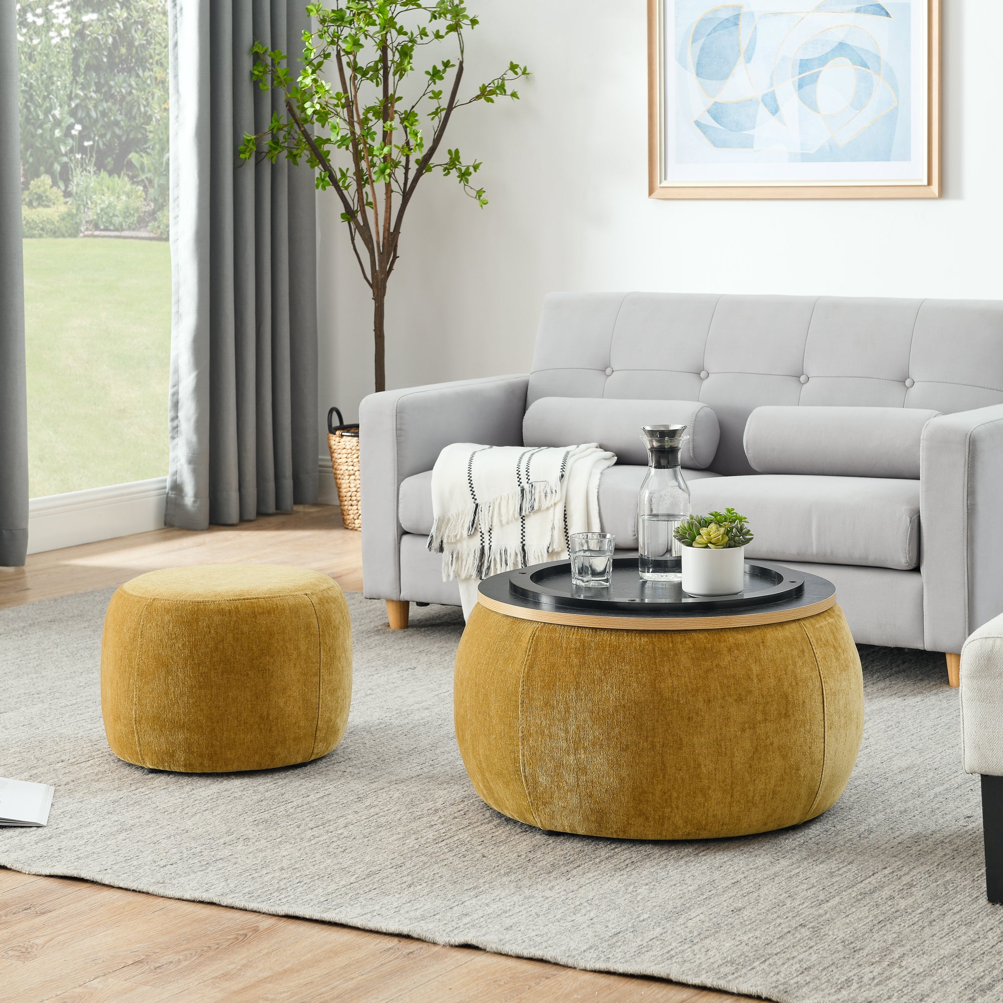 Round Storage Ottoman, 2 in 1 Function, Work as End table and Ottoman,with small seat,Dark yellow(25"x25"x14.7") ow