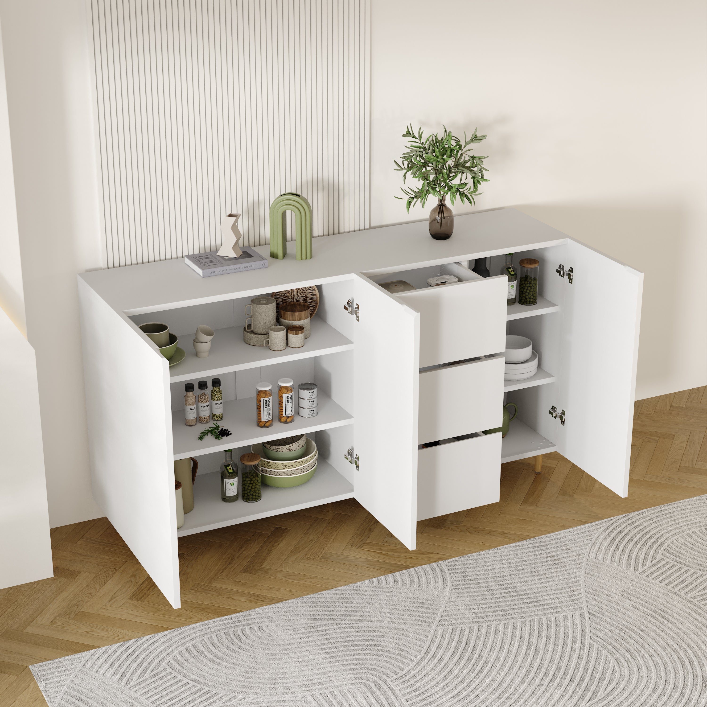 63" White Sideboard with Doors & Drawers for Storage Minimalistic Buffet for Dining Room