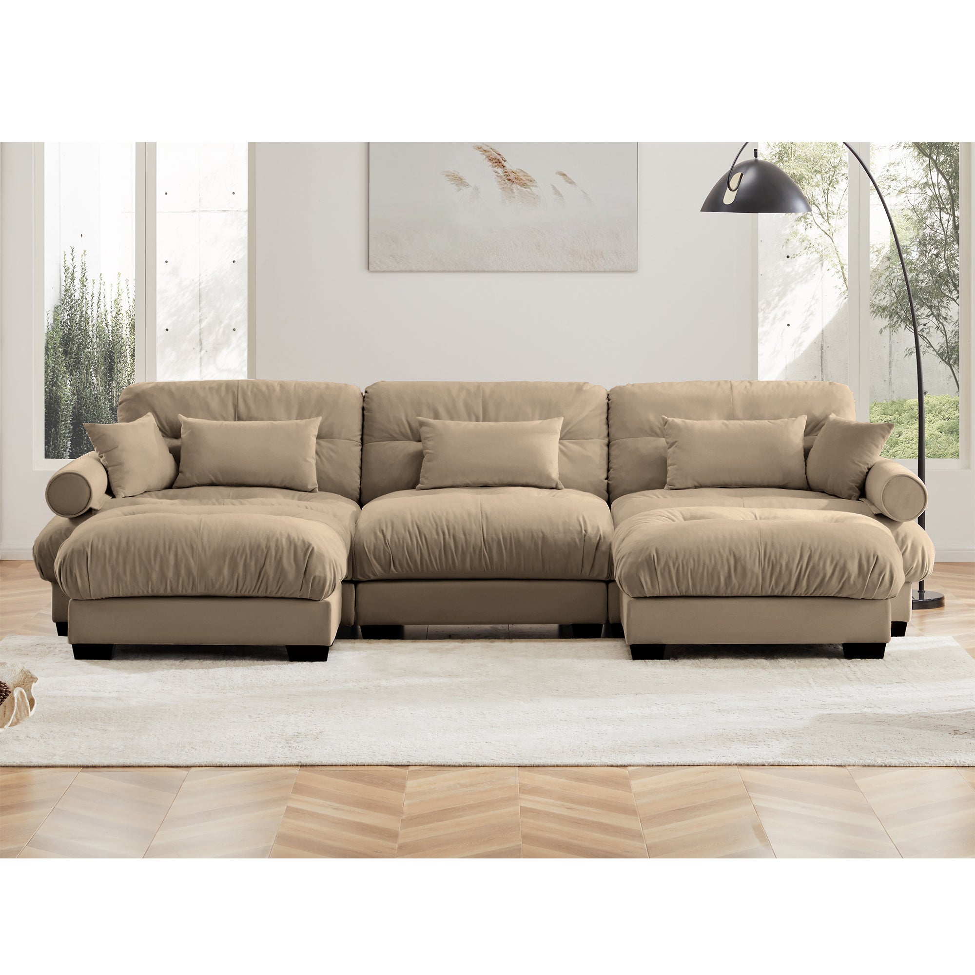 U-Shaped Modular Sectional Sofa with Movable Ottomans, Modern 3-Seater Corner Couch with Pillows and Bolstered Armrests, Camel