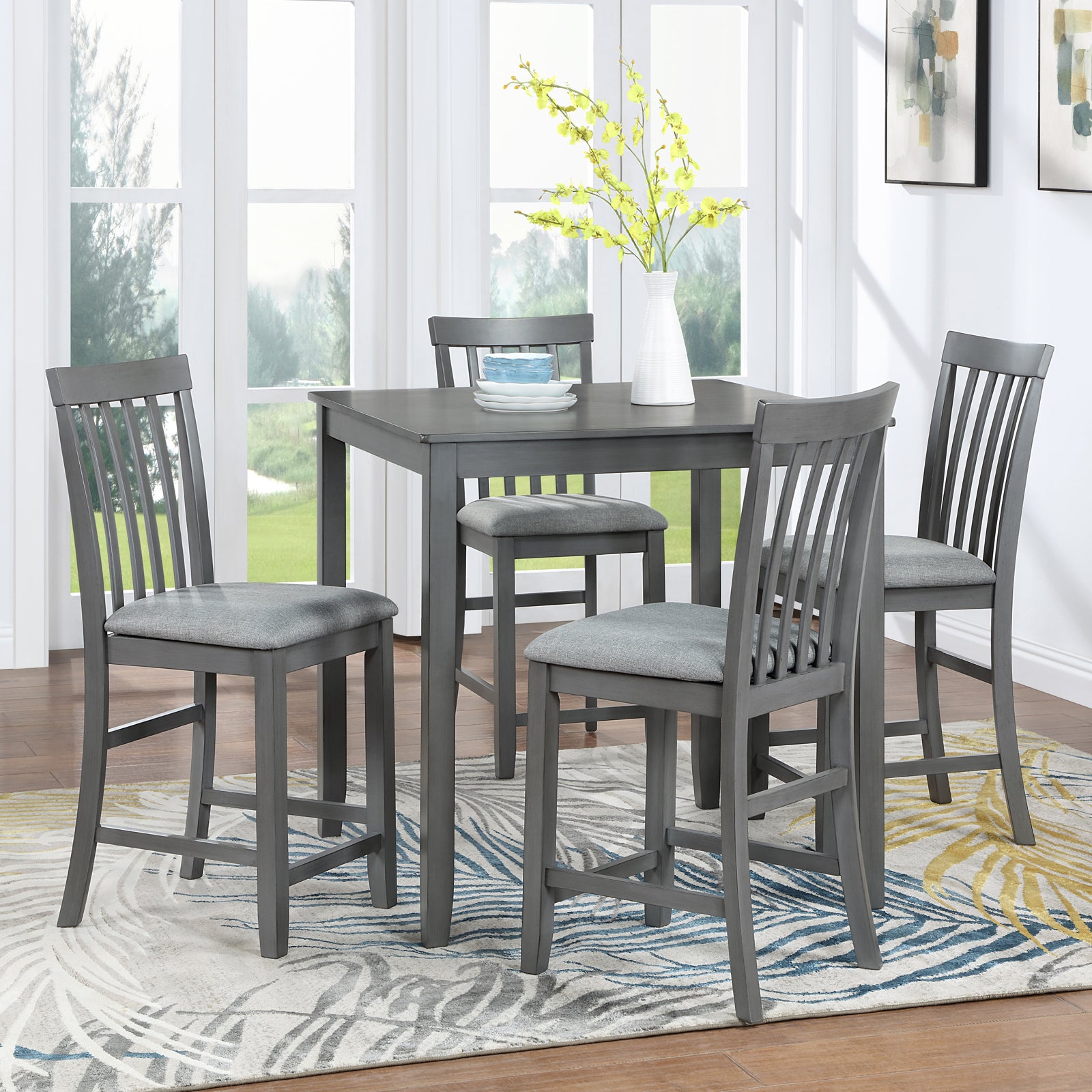 5 Piece Dining Table Set, Wooden Dining Square Table Set for 4, Counter Height Kitchen Table Set with Square Table and 4 Upholstered Chairs for Small Space, Gray