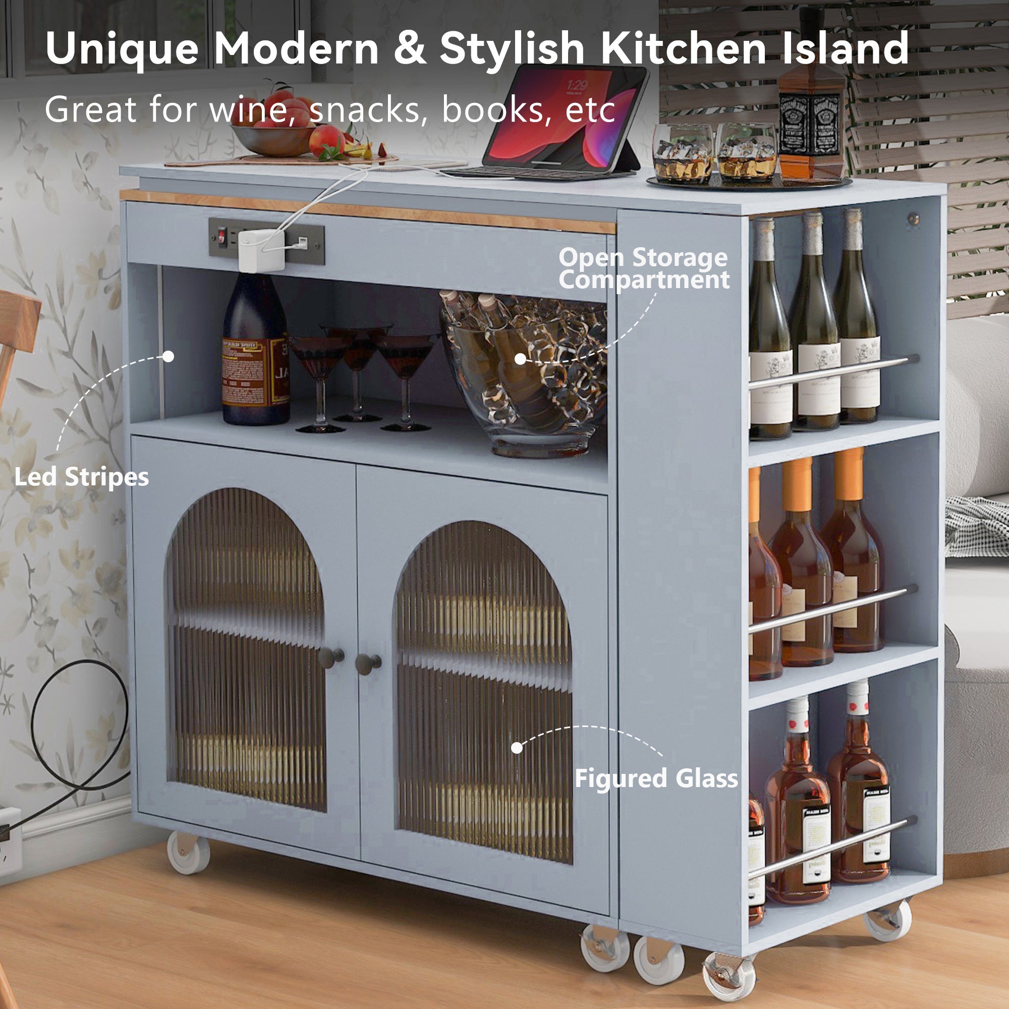 K&K Rolling Kitchen Island With Extended Table, Kitchen Island and 2 Fluted Glass Doors, Grey