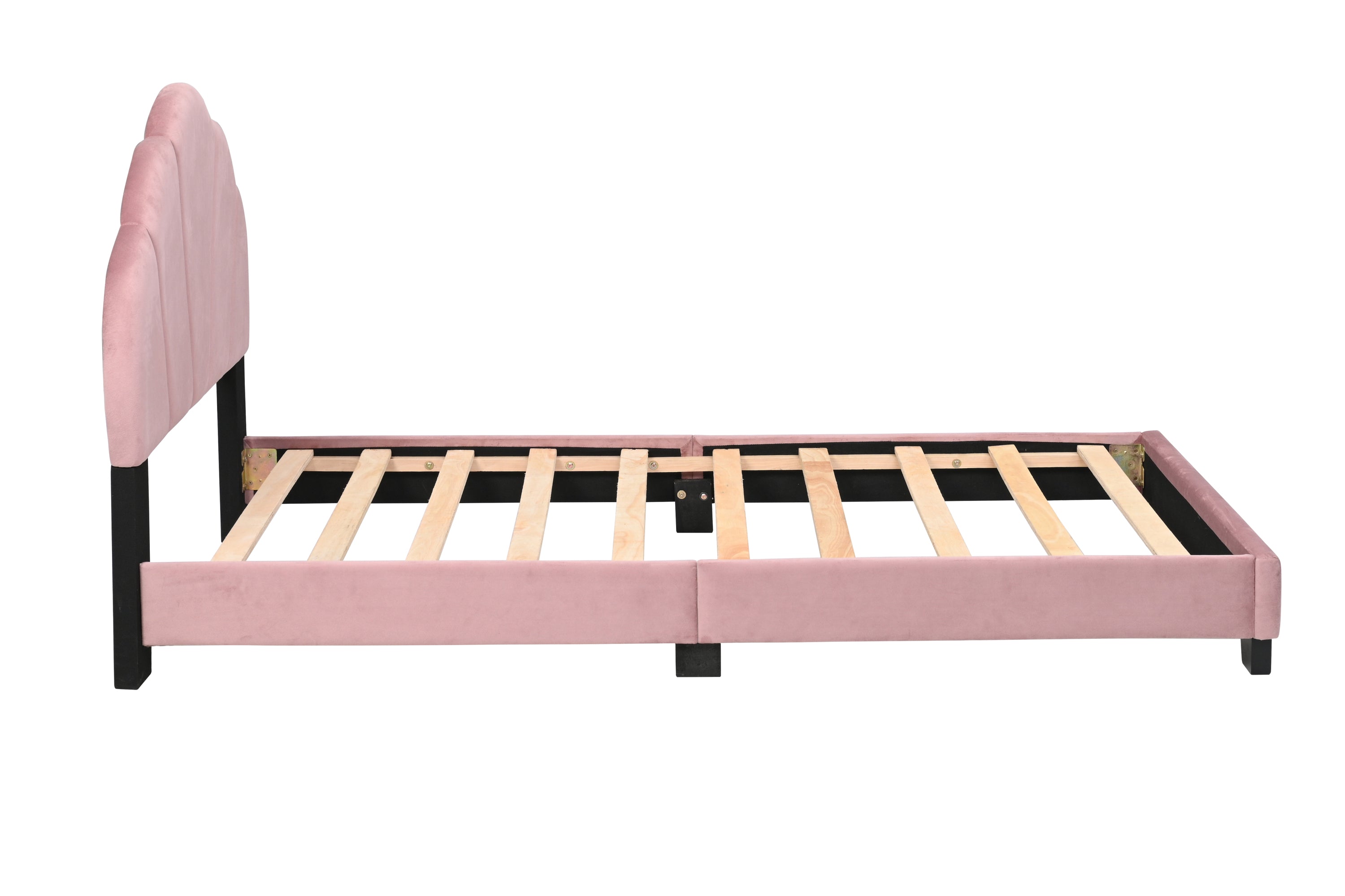 Upholstered Twin Size Platform Bed for Kids, Wooden Bed Frame with Slatted Bed Base, No Box Spring Needed, Cute Bed Frame with Shell Design Headboard for Girls Boys Teens, Pink