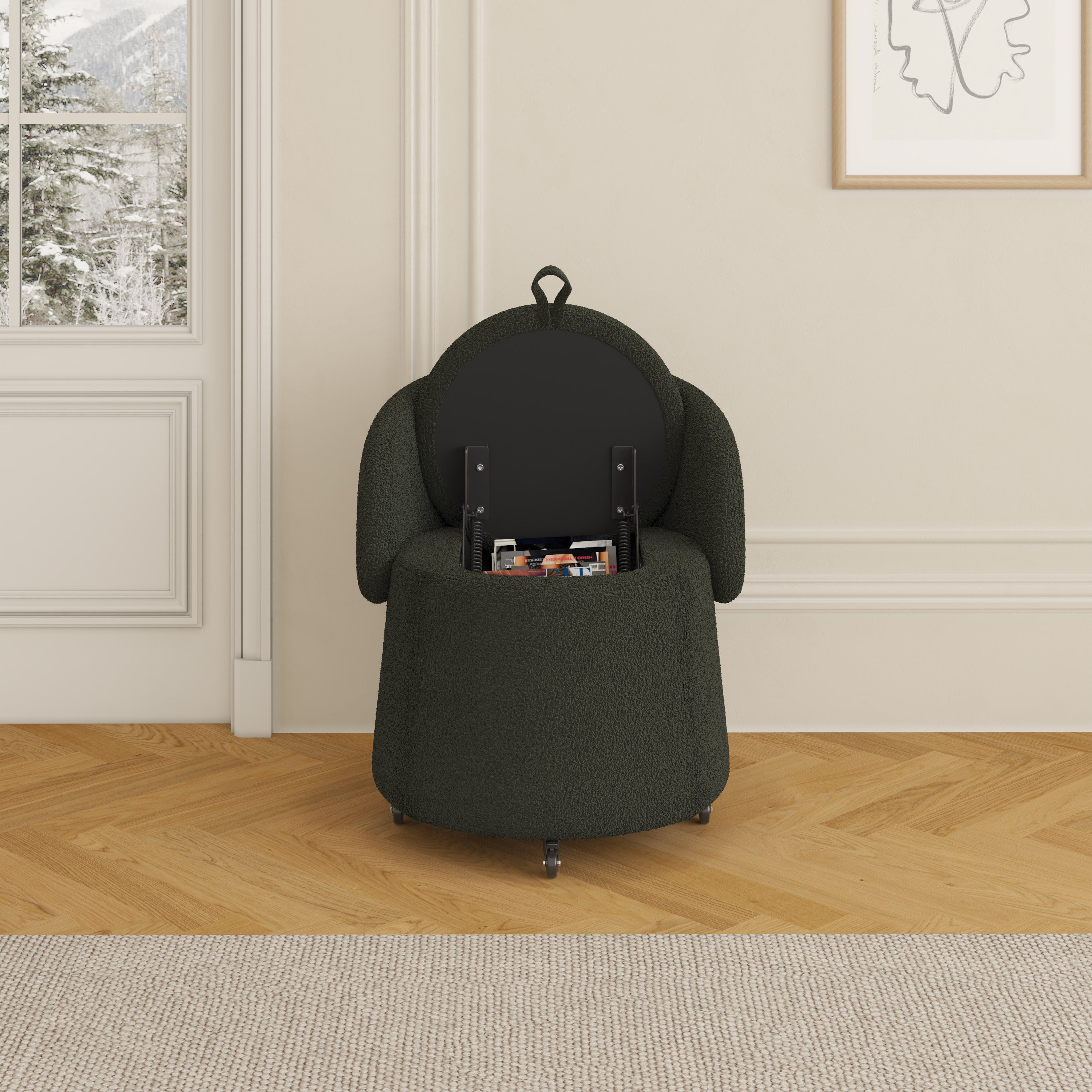 Modern 23" Movable Dark Green Storage Chair - Multi-Functional Design in Teddy Fleece for Living Room