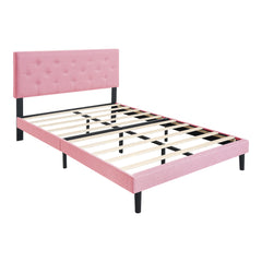 Queen Size Upholstered Platform Bed Frame with Modern Button Tufted Linen Fabric Headboard, No Box Spring Needed, Wood Slat Support, Easy Assembly, pink