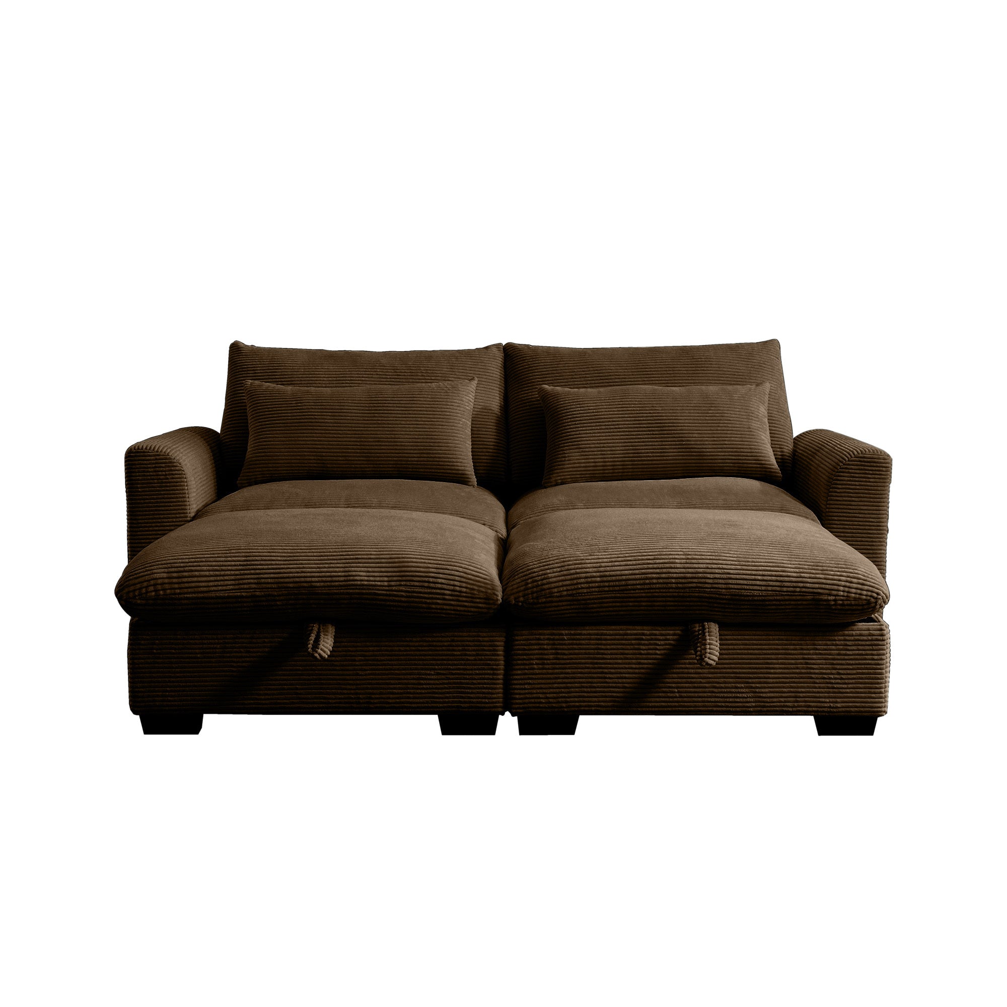 Corduroy Loveseat with 2 Storage Footrest - Deep Seat Brown Sofa for Living Room